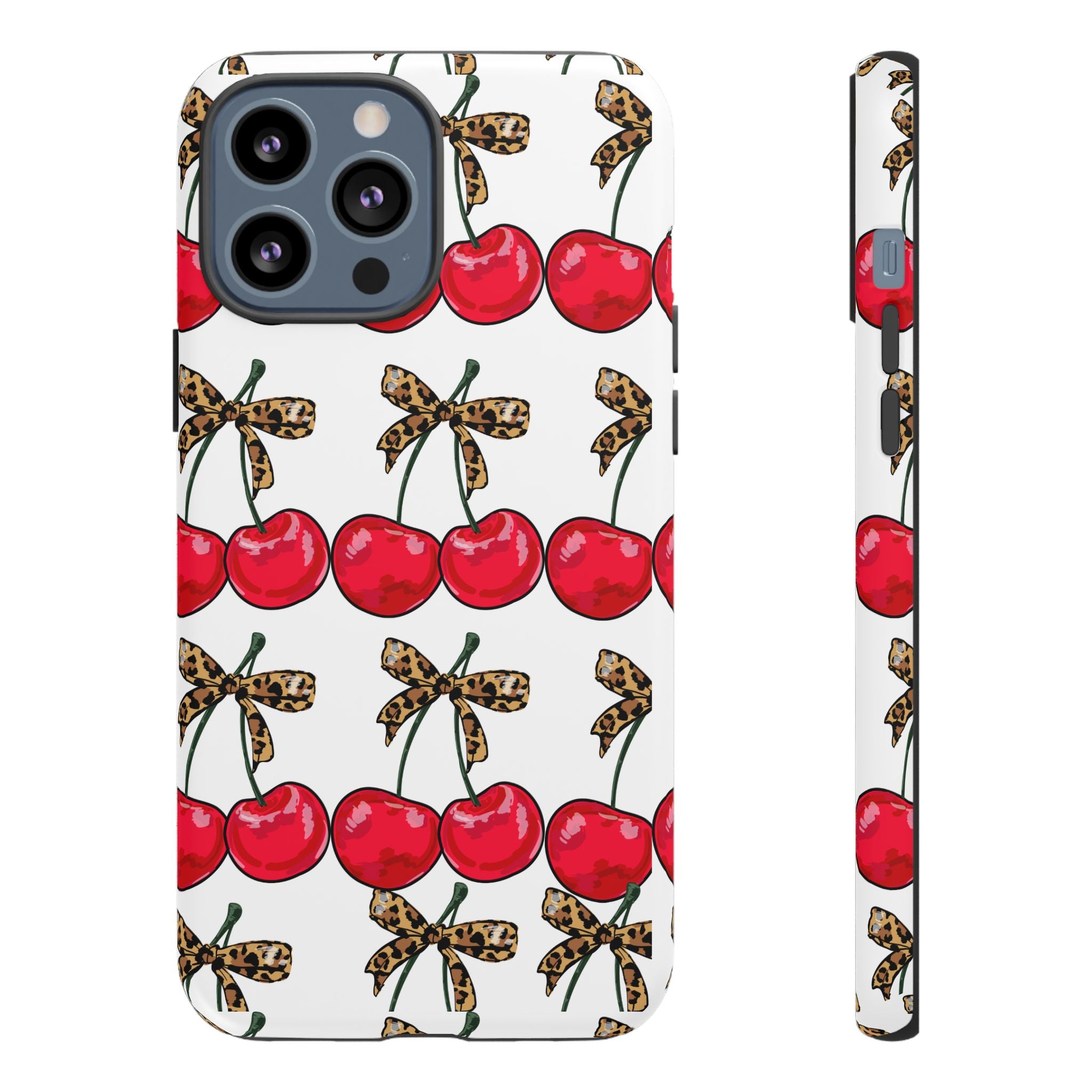 Cherry Pattern Phone Case — Retro Red Cherries with Leopard Bow iPhone Case