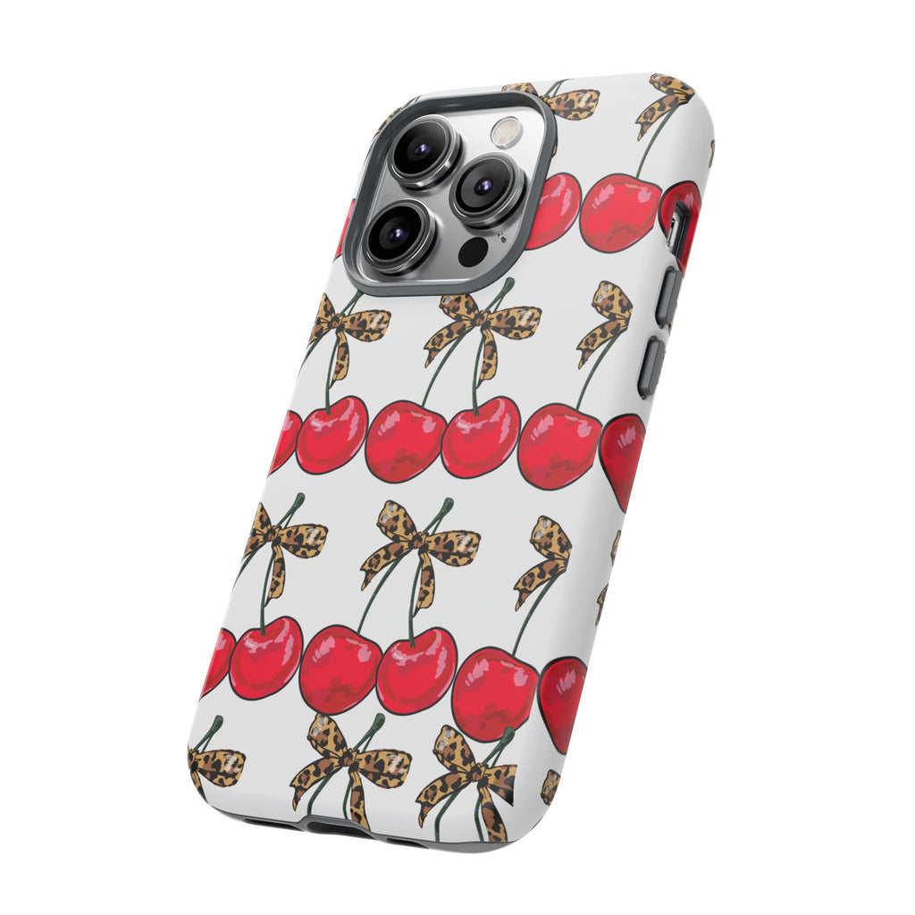 Cherry Pattern Phone Case — Retro Red Cherries with Leopard Bow iPhone Case