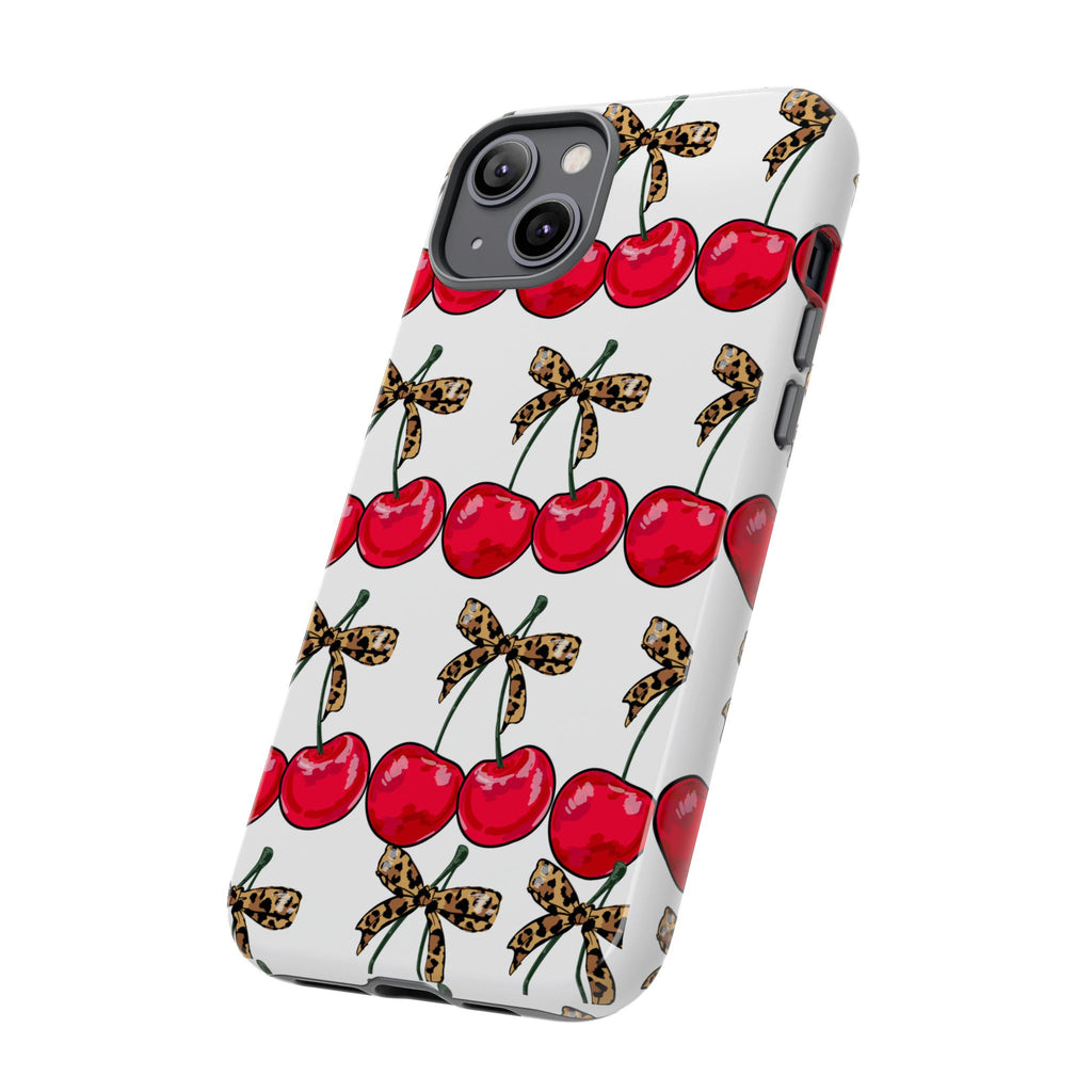 Cherry Pattern Phone Case — Retro Red Cherries with Leopard Bow iPhone Case