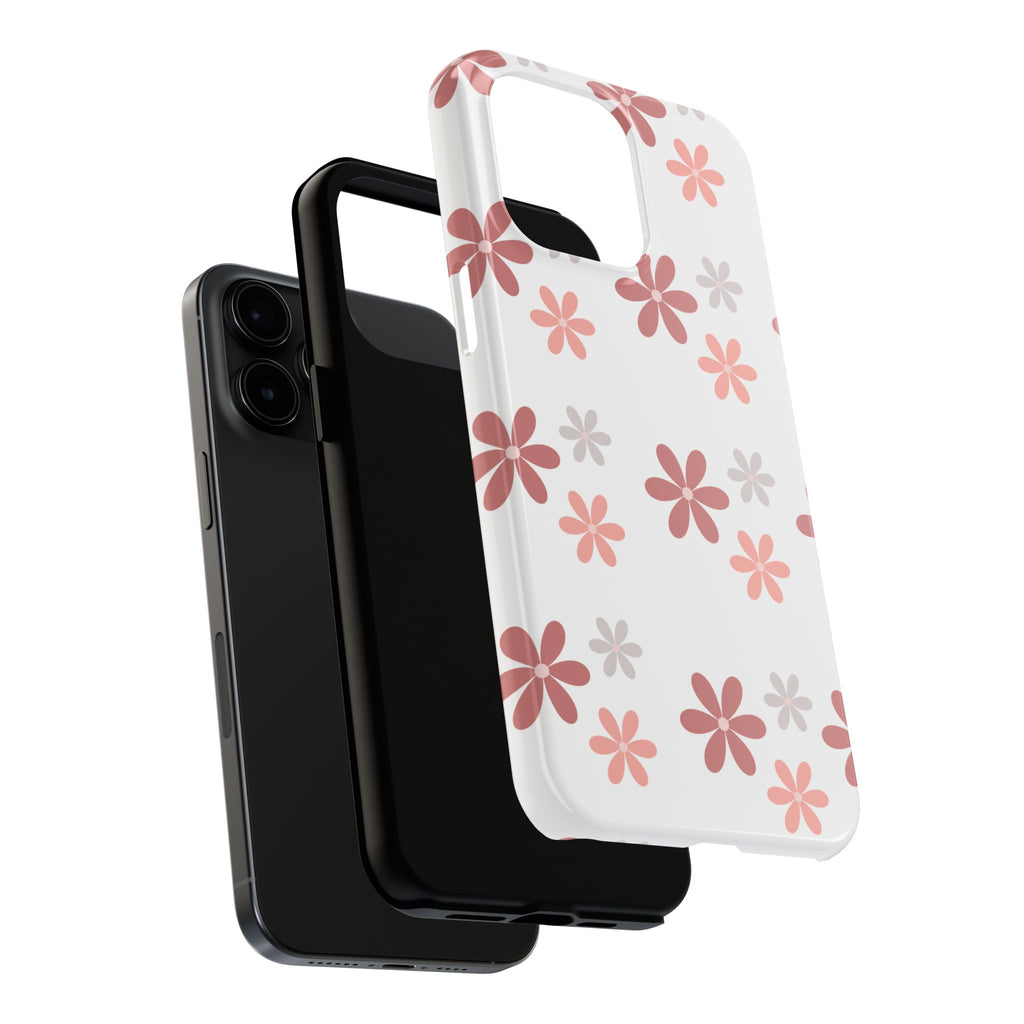 Floral Daisy Tough Phone Case — Pink Retro Flower Pattern, Protective Shockproof Phone Cover