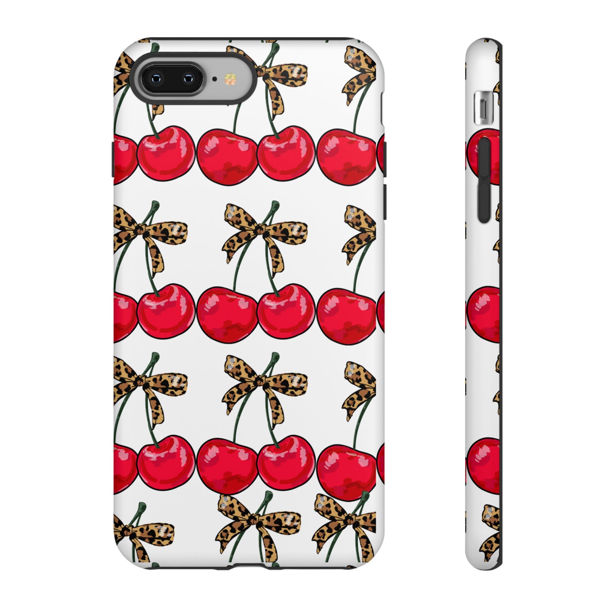 Cherry Pattern Phone Case — Retro Red Cherries with Leopard Bow iPhone Case
