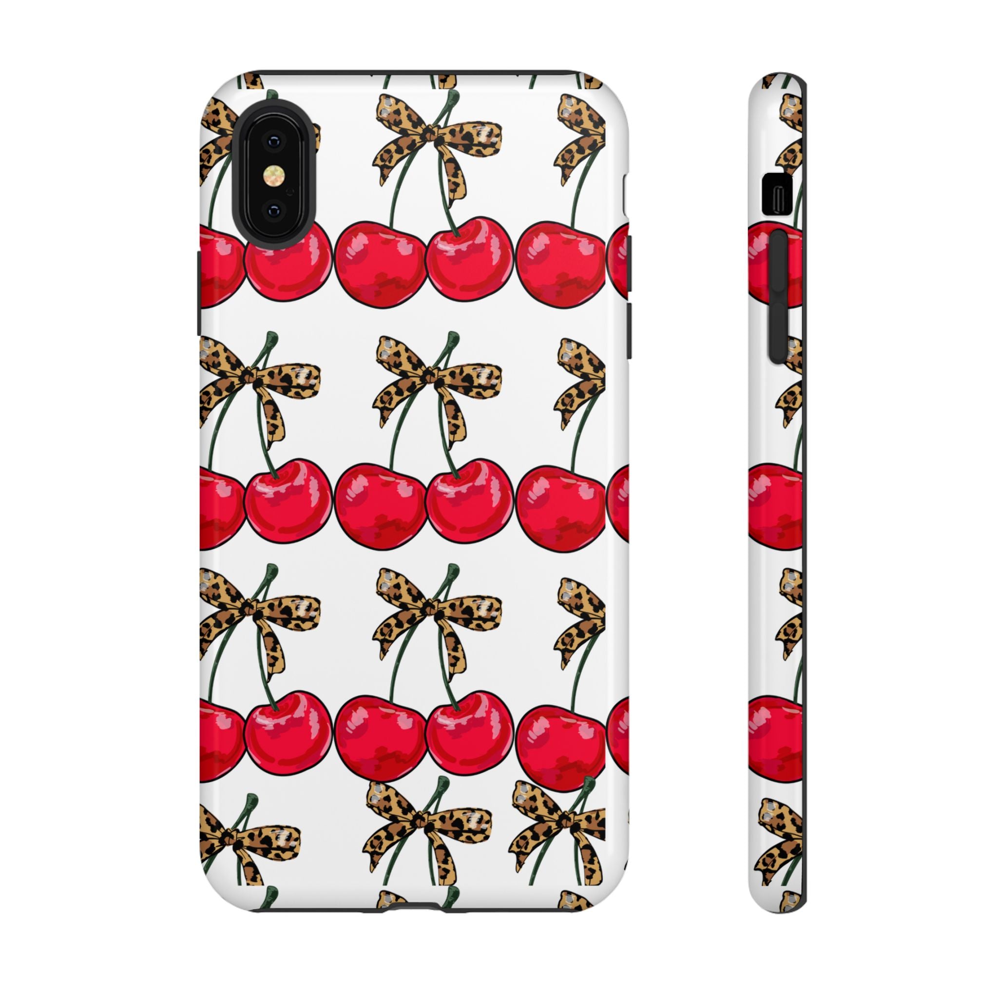 Cherry Pattern Phone Case — Retro Red Cherries with Leopard Bow iPhone Case