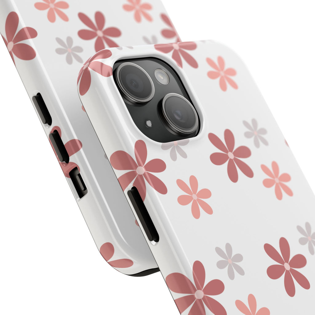 Floral Daisy Tough Phone Case — Pink Retro Flower Pattern, Protective Shockproof Phone Cover