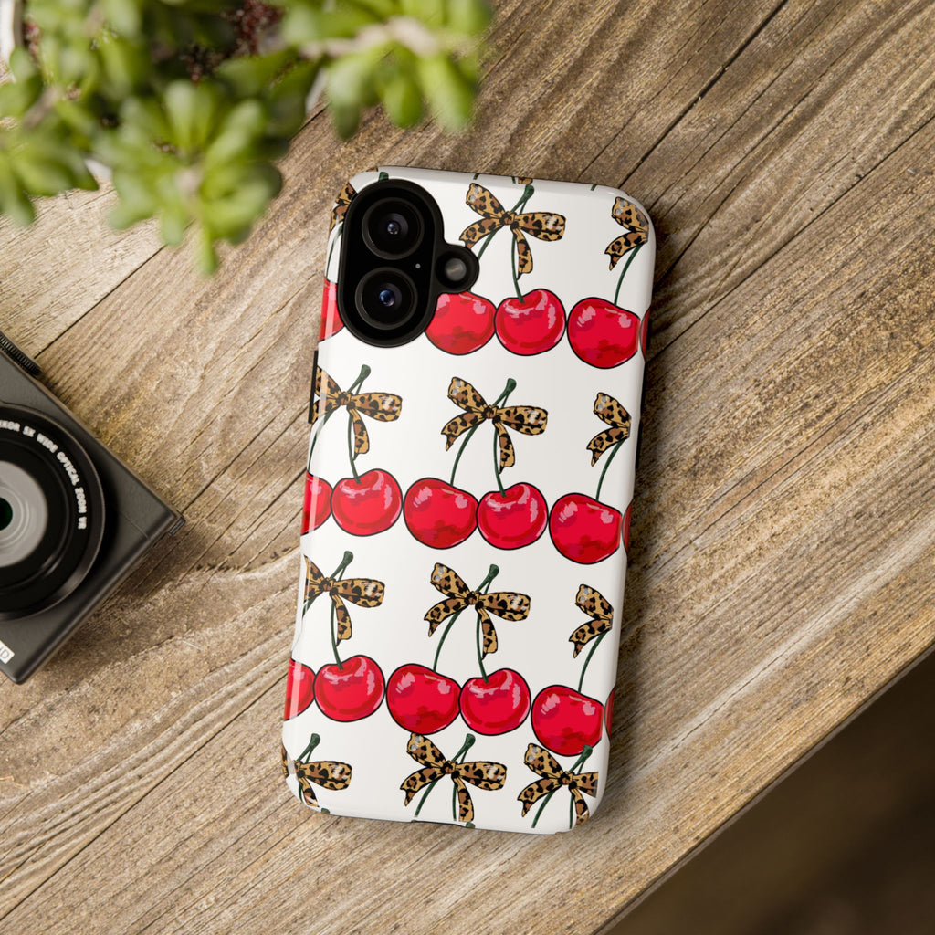 Cherry Pattern Phone Case — Retro Red Cherries with Leopard Bow iPhone Case
