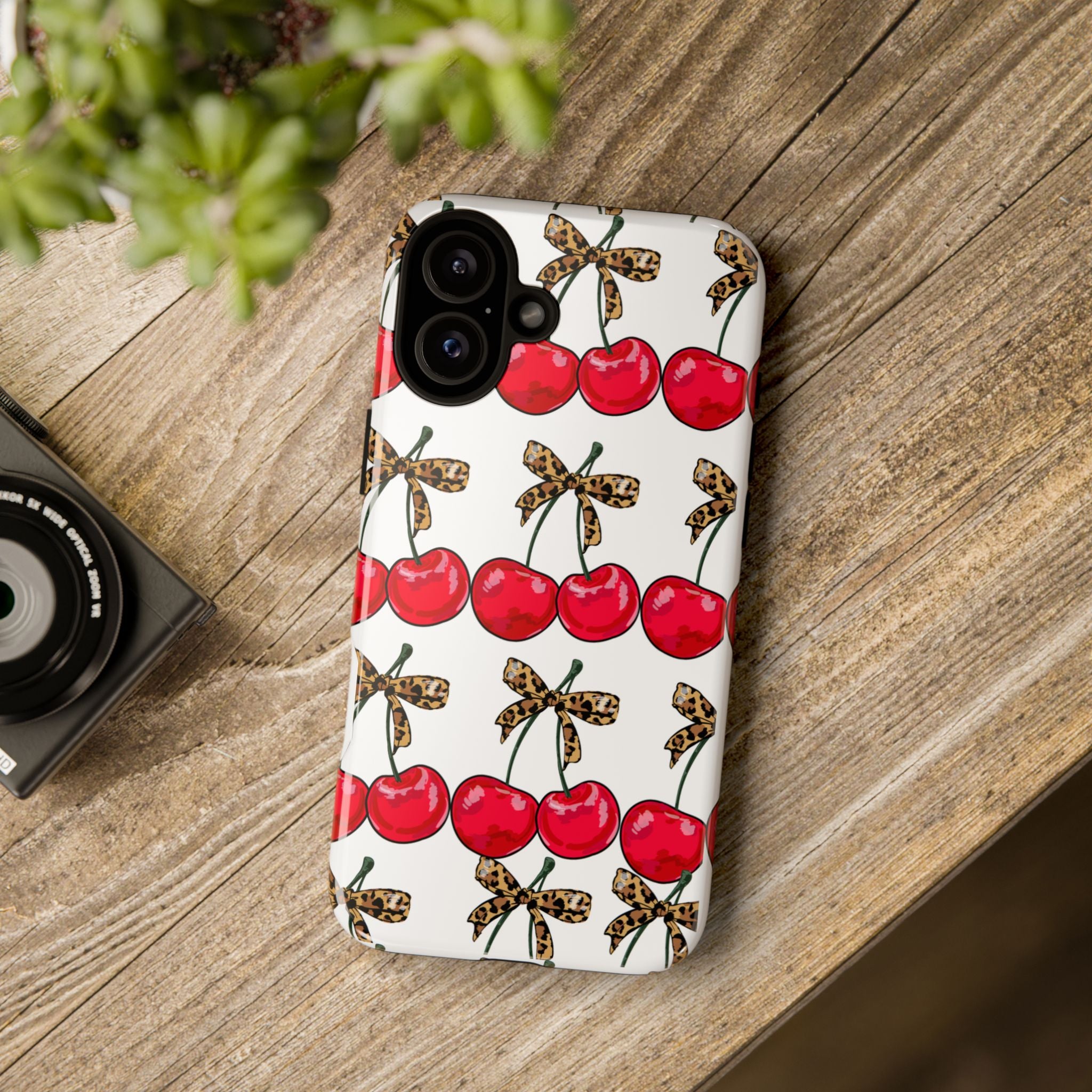 Cherry Pattern Phone Case — Retro Red Cherries with Leopard Bow iPhone Case