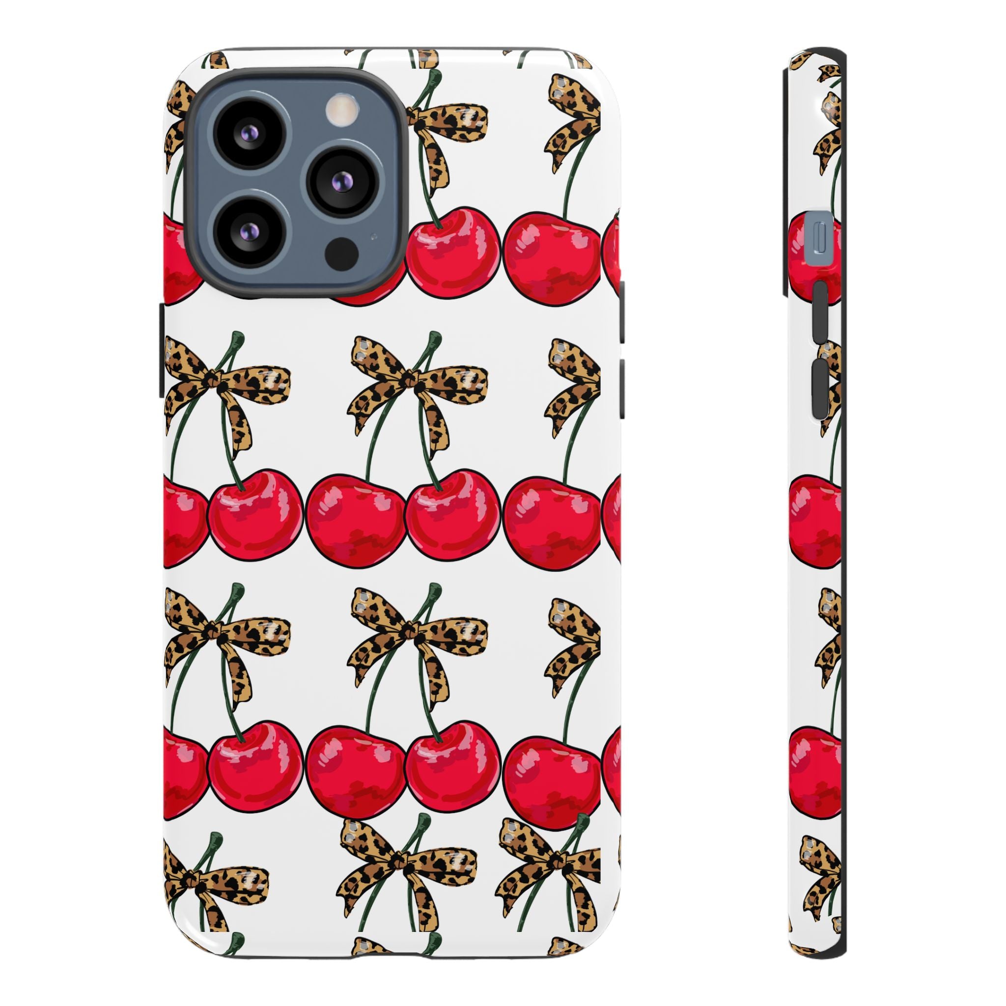 Cherry Pattern Phone Case — Retro Red Cherries with Leopard Bow iPhone Case