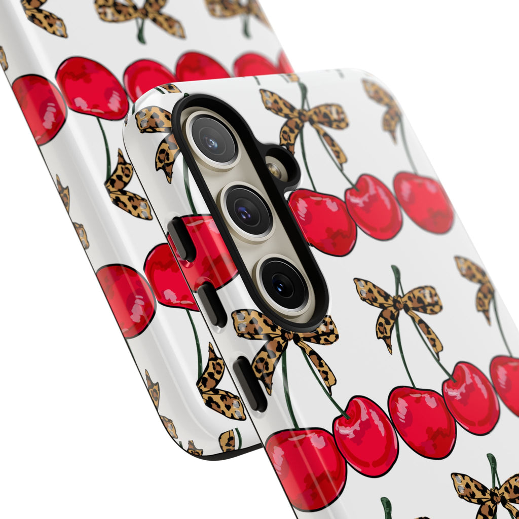 Cherry Pattern Phone Case — Retro Red Cherries with Leopard Bow iPhone Case