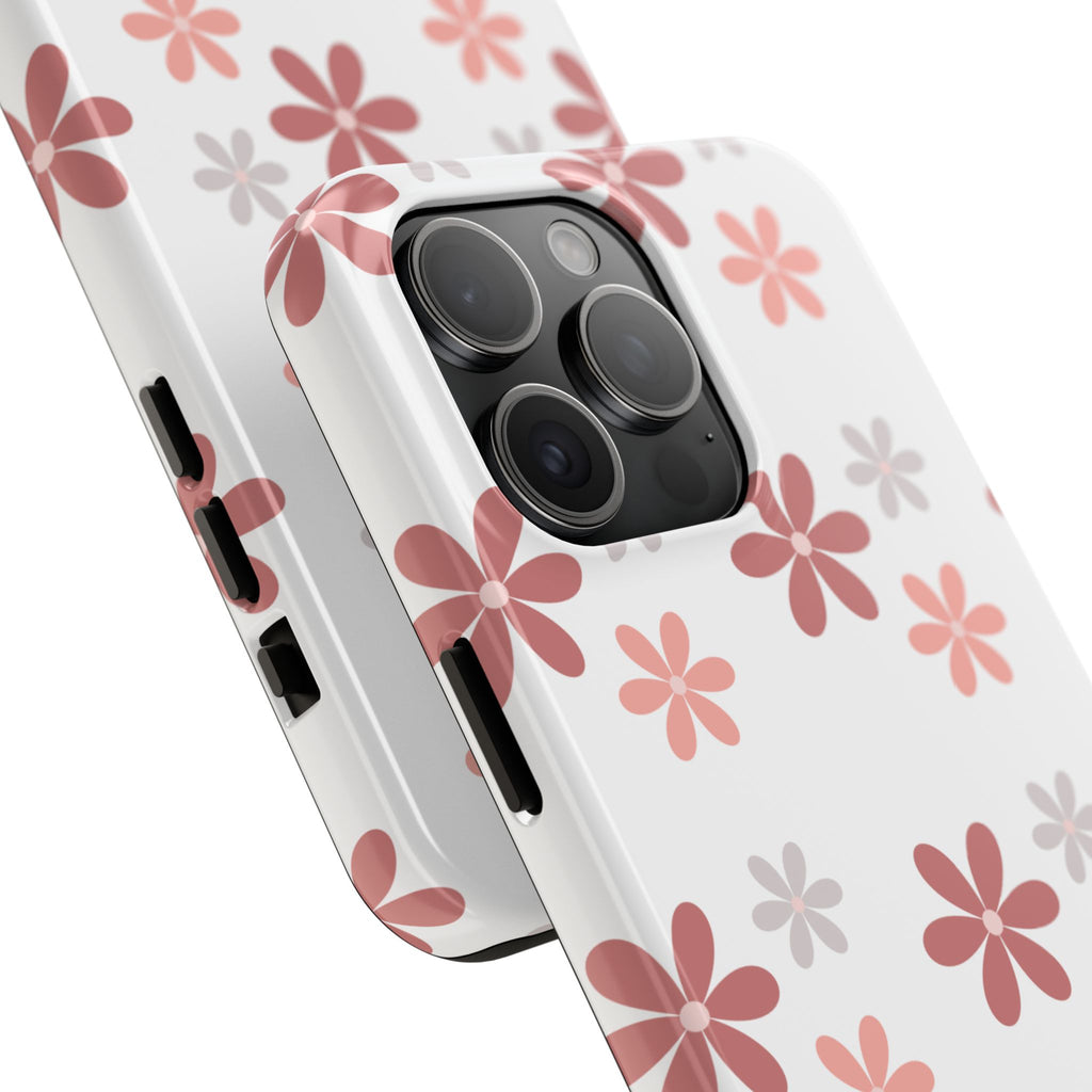 Floral Daisy Tough Phone Case — Pink Retro Flower Pattern, Protective Shockproof Phone Cover