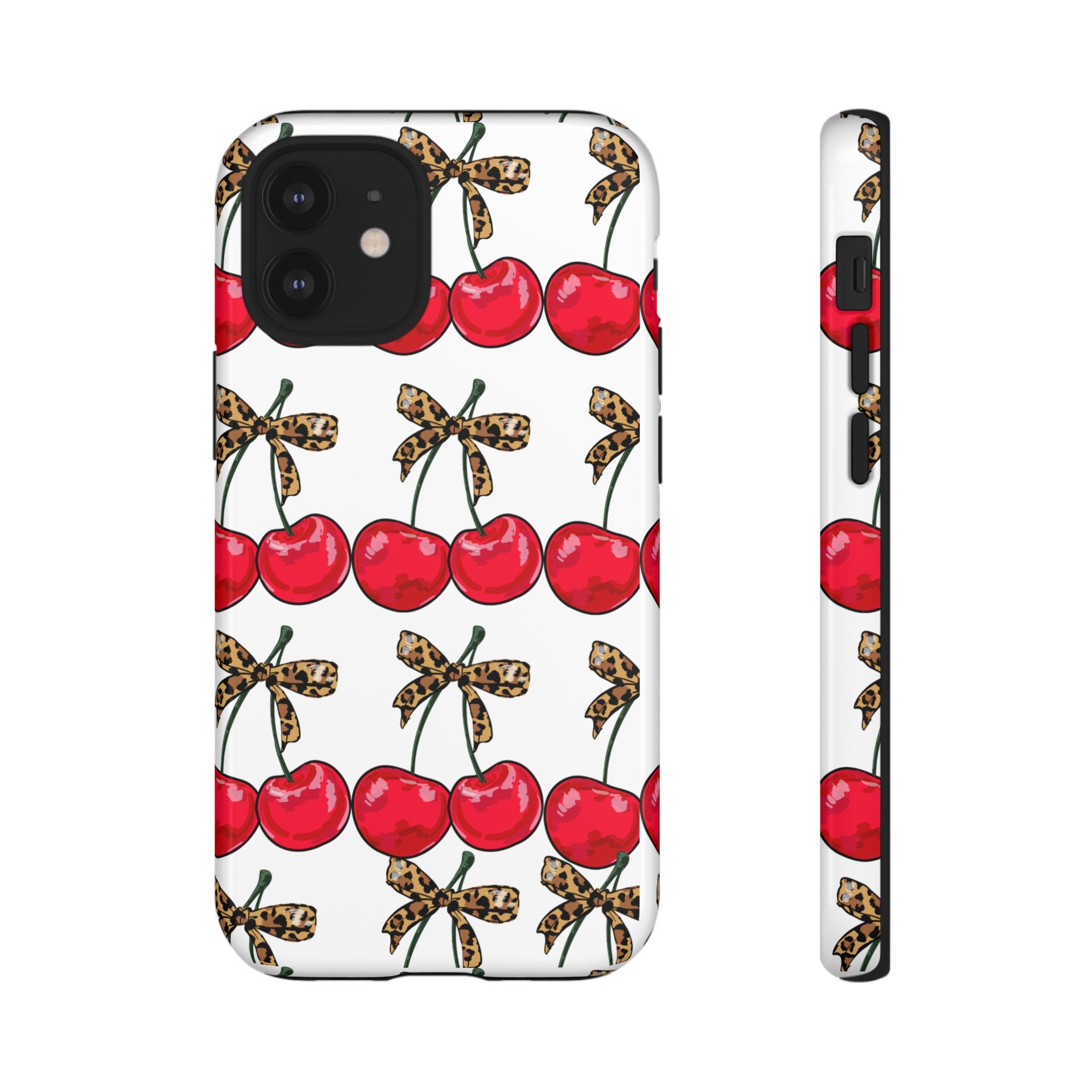 Cherry Pattern Phone Case — Retro Red Cherries with Leopard Bow iPhone Case