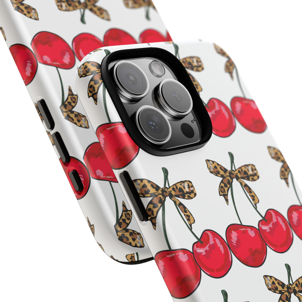 Cherry Pattern Phone Case — Retro Red Cherries with Leopard Bow iPhone Case
