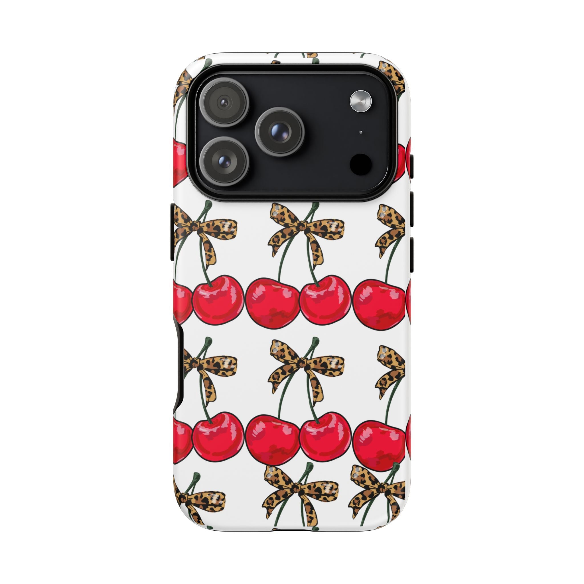 Cherry Pattern Phone Case — Retro Red Cherries with Leopard Bow iPhone Case