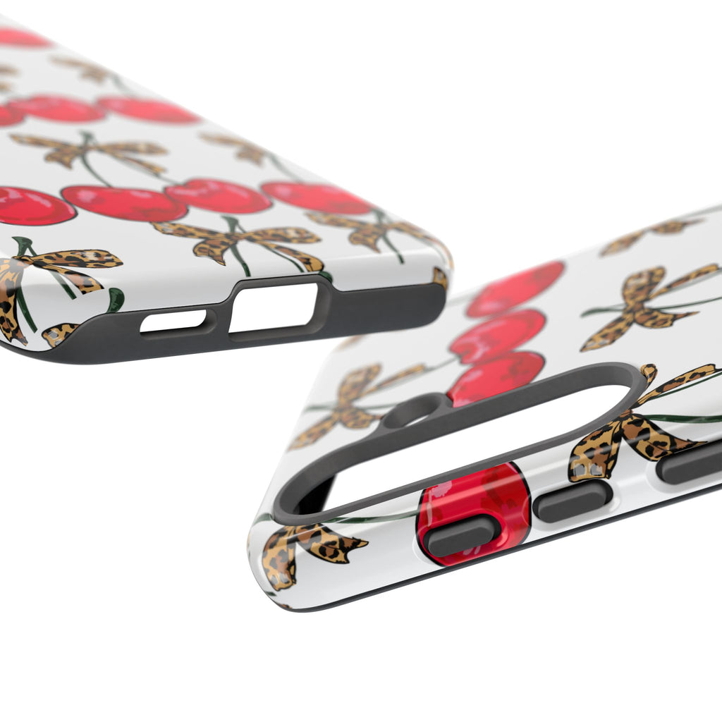 Cherry Pattern Phone Case — Retro Red Cherries with Leopard Bow iPhone Case