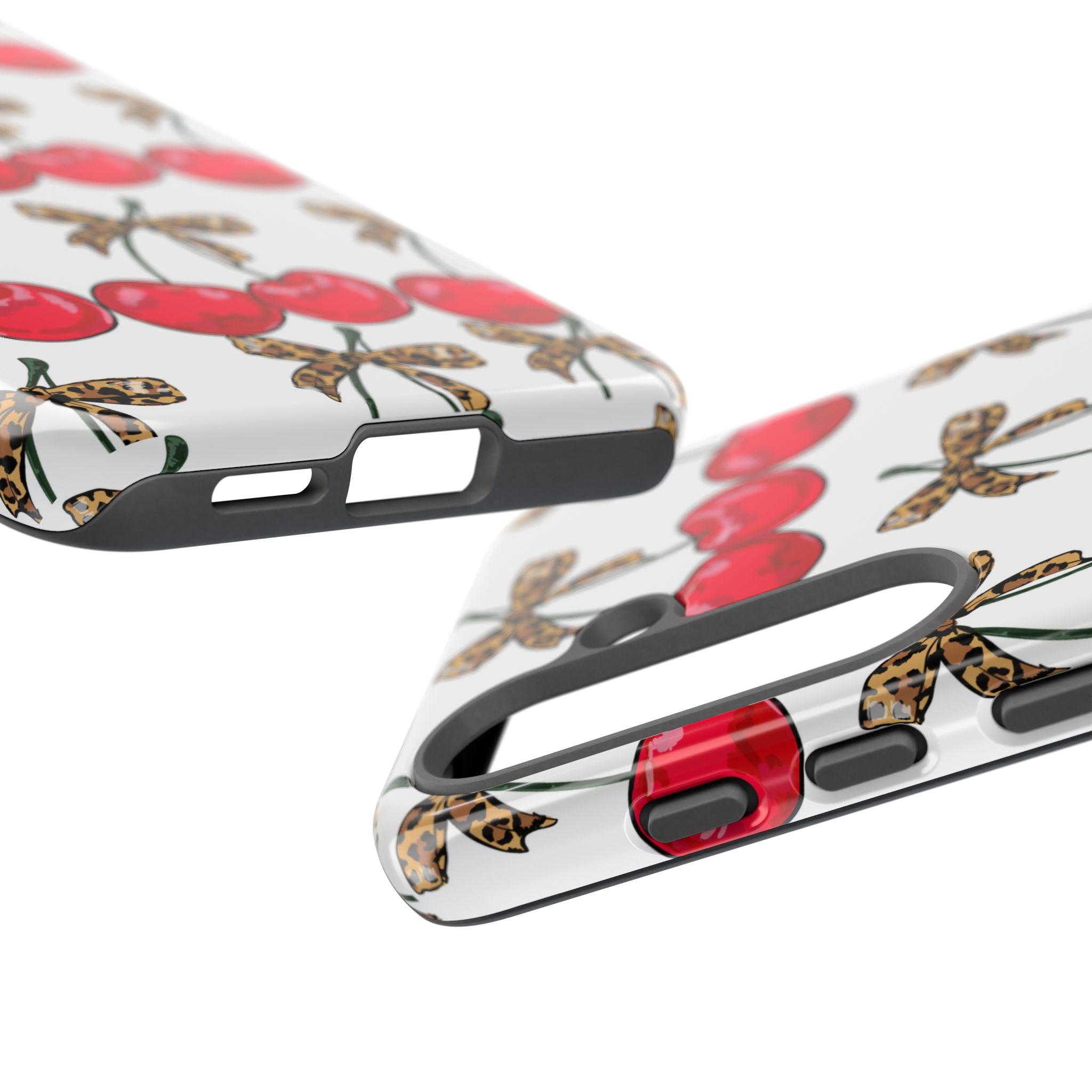 Cherry Pattern Phone Case — Retro Red Cherries with Leopard Bow iPhone Case