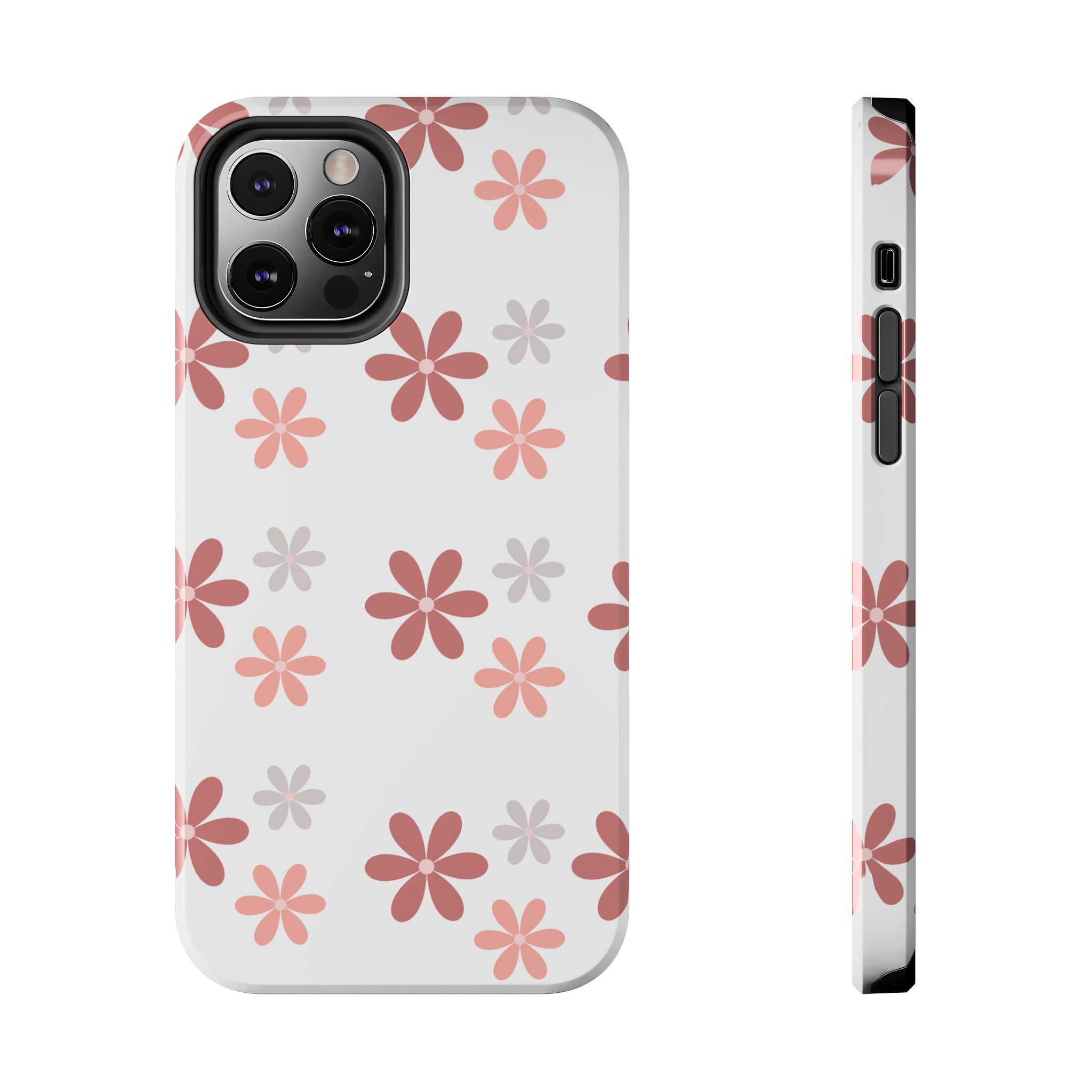 Floral Daisy Tough Phone Case — Pink Retro Flower Pattern, Protective Shockproof Phone Cover