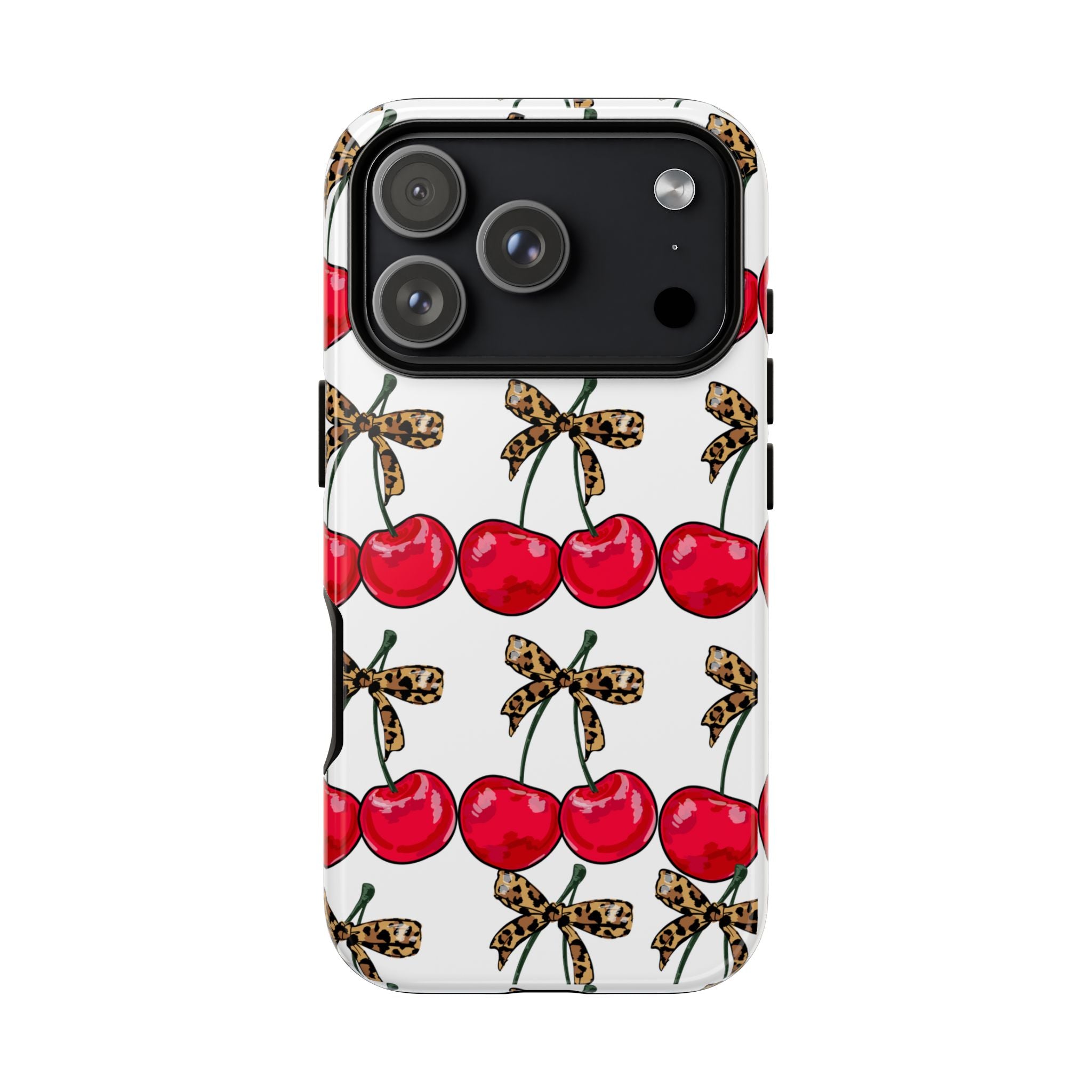 Cherry Pattern Phone Case — Retro Red Cherries with Leopard Bow iPhone Case