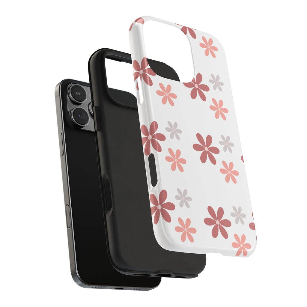 Floral Daisy Tough Phone Case — Pink Retro Flower Pattern, Protective Shockproof Phone Cover