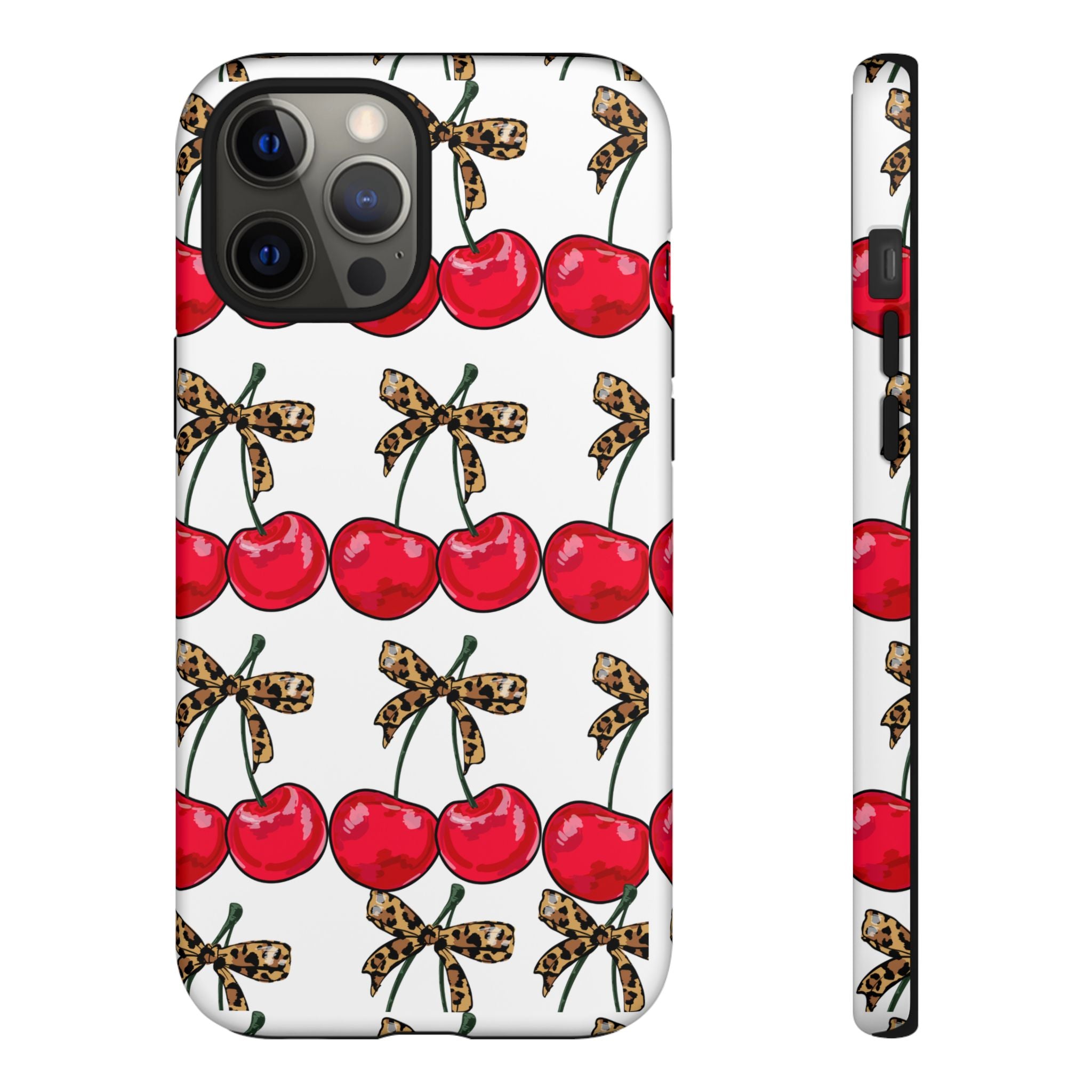 Cherry Pattern Phone Case — Retro Red Cherries with Leopard Bow iPhone Case