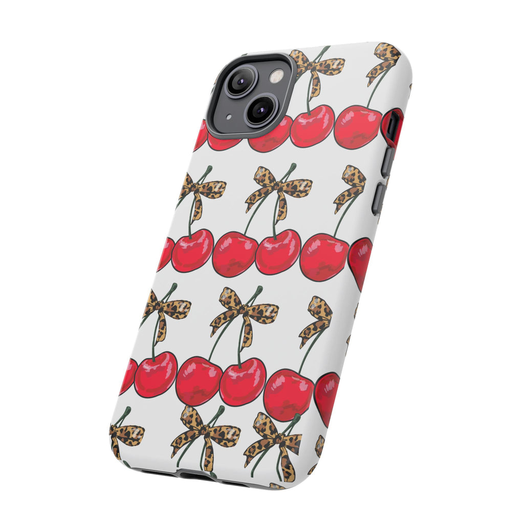 Cherry Pattern Phone Case — Retro Red Cherries with Leopard Bow iPhone Case