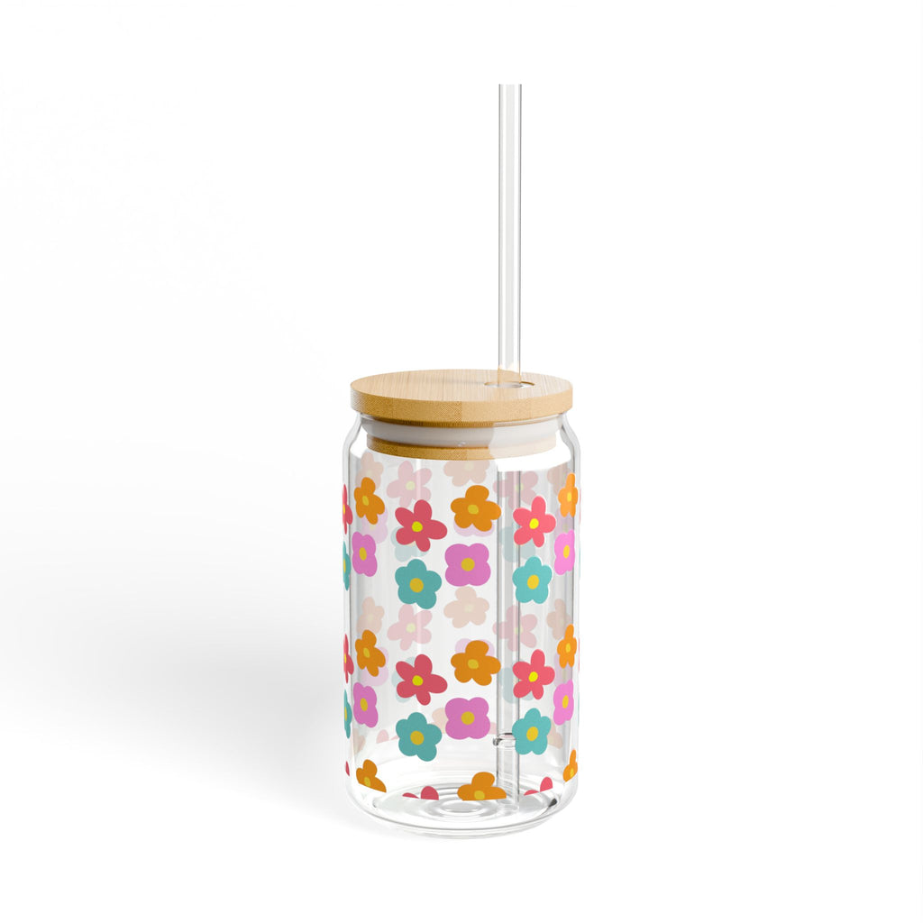 16oz Floral Sipper Glass — Cheerful Bamboo Lid & Retro Bloom Design