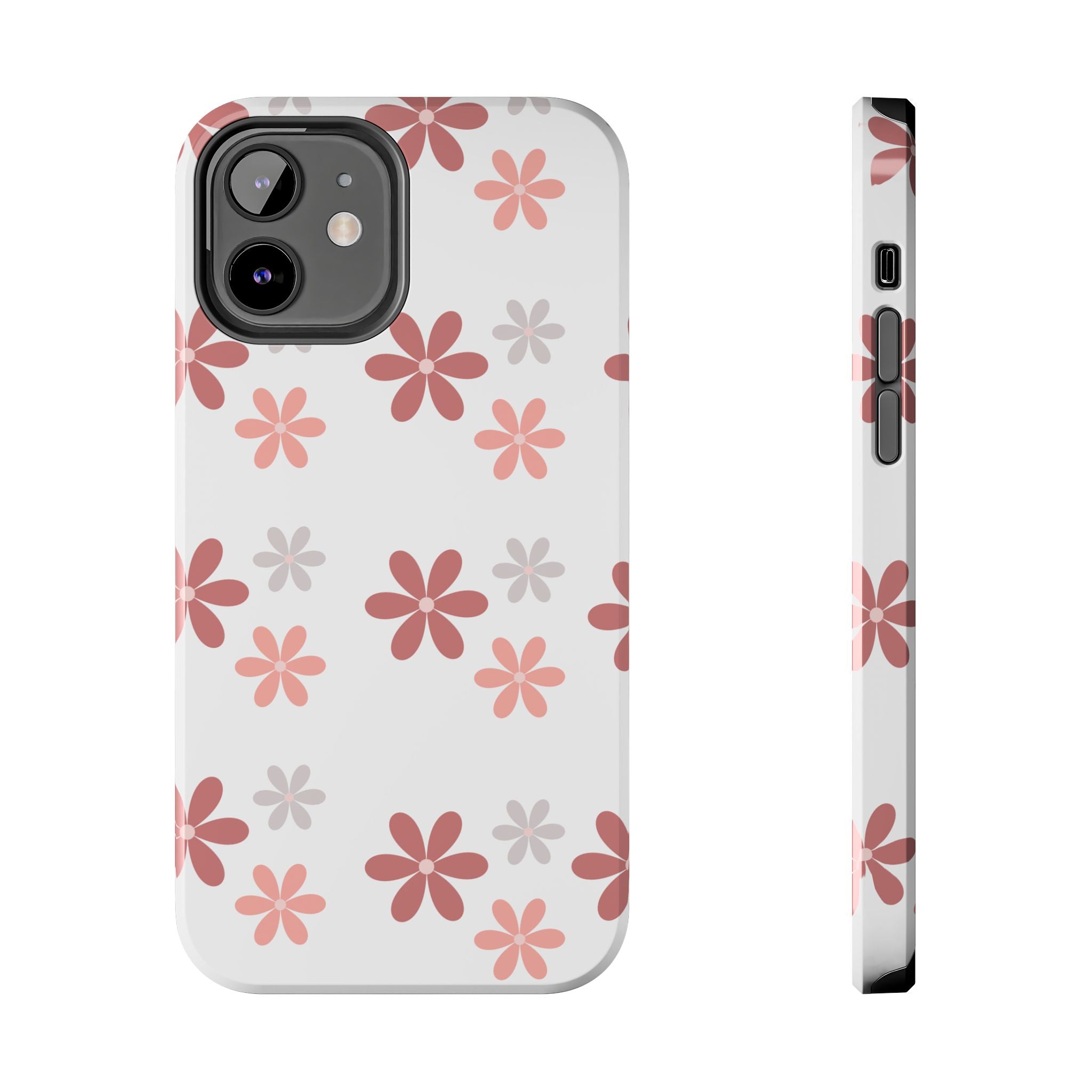 Floral Daisy Tough Phone Case — Pink Retro Flower Pattern, Protective Shockproof Phone Cover