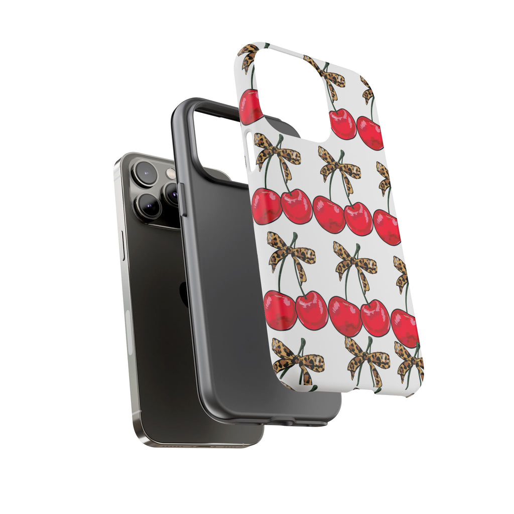 Cherry Pattern Phone Case — Retro Red Cherries with Leopard Bow iPhone Case