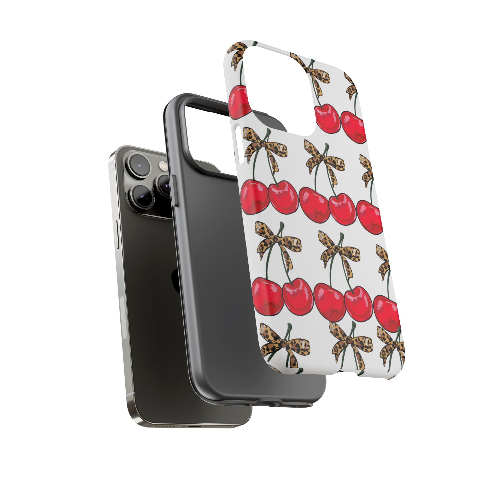 Cherry Pattern Phone Case — Retro Red Cherries with Leopard Bow iPhone Case