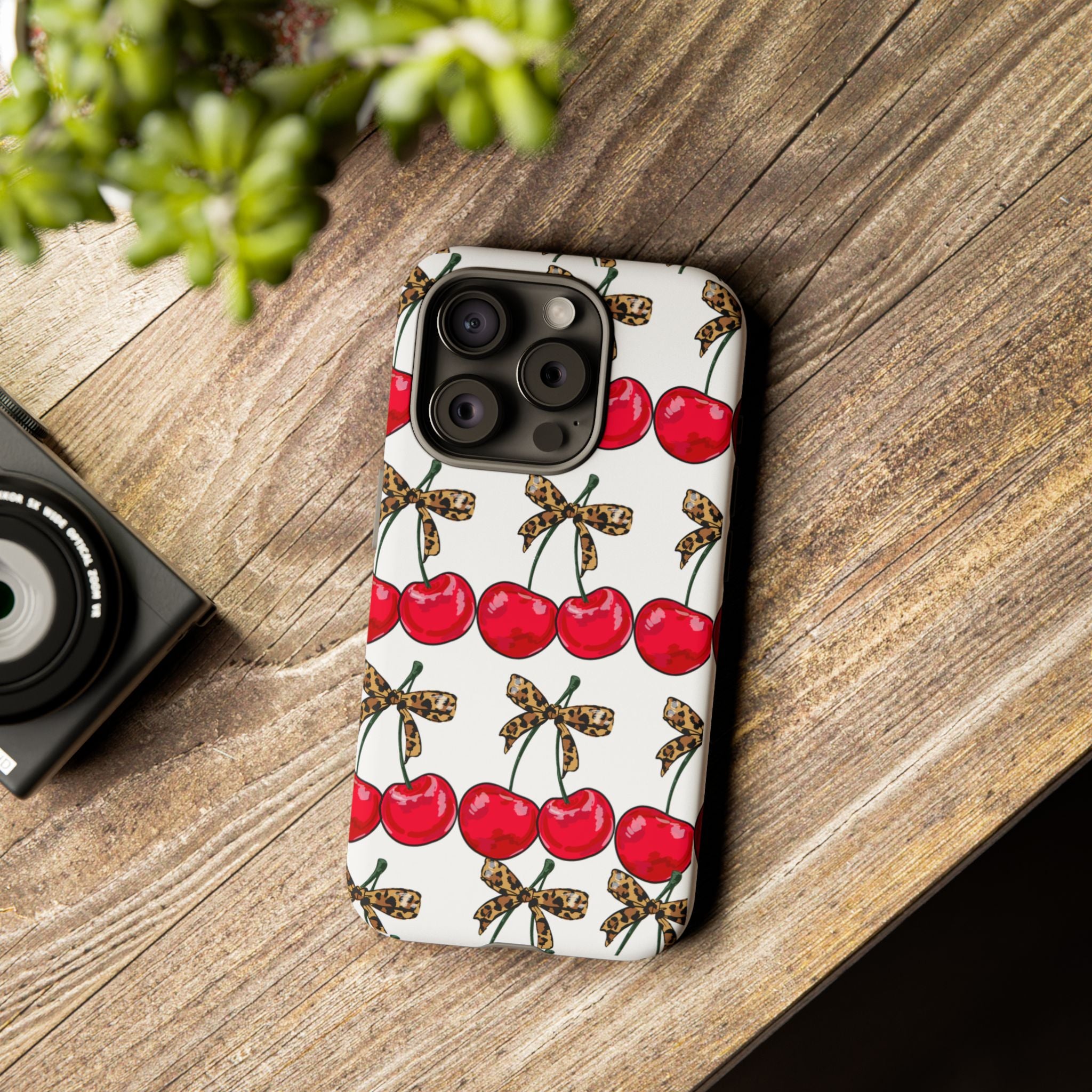 Cherry Pattern Phone Case — Retro Red Cherries with Leopard Bow iPhone Case