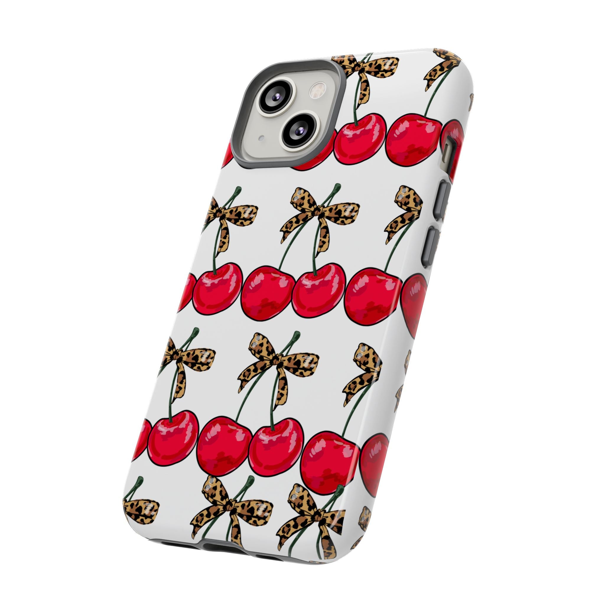 Cherry Pattern Phone Case — Retro Red Cherries with Leopard Bow iPhone Case