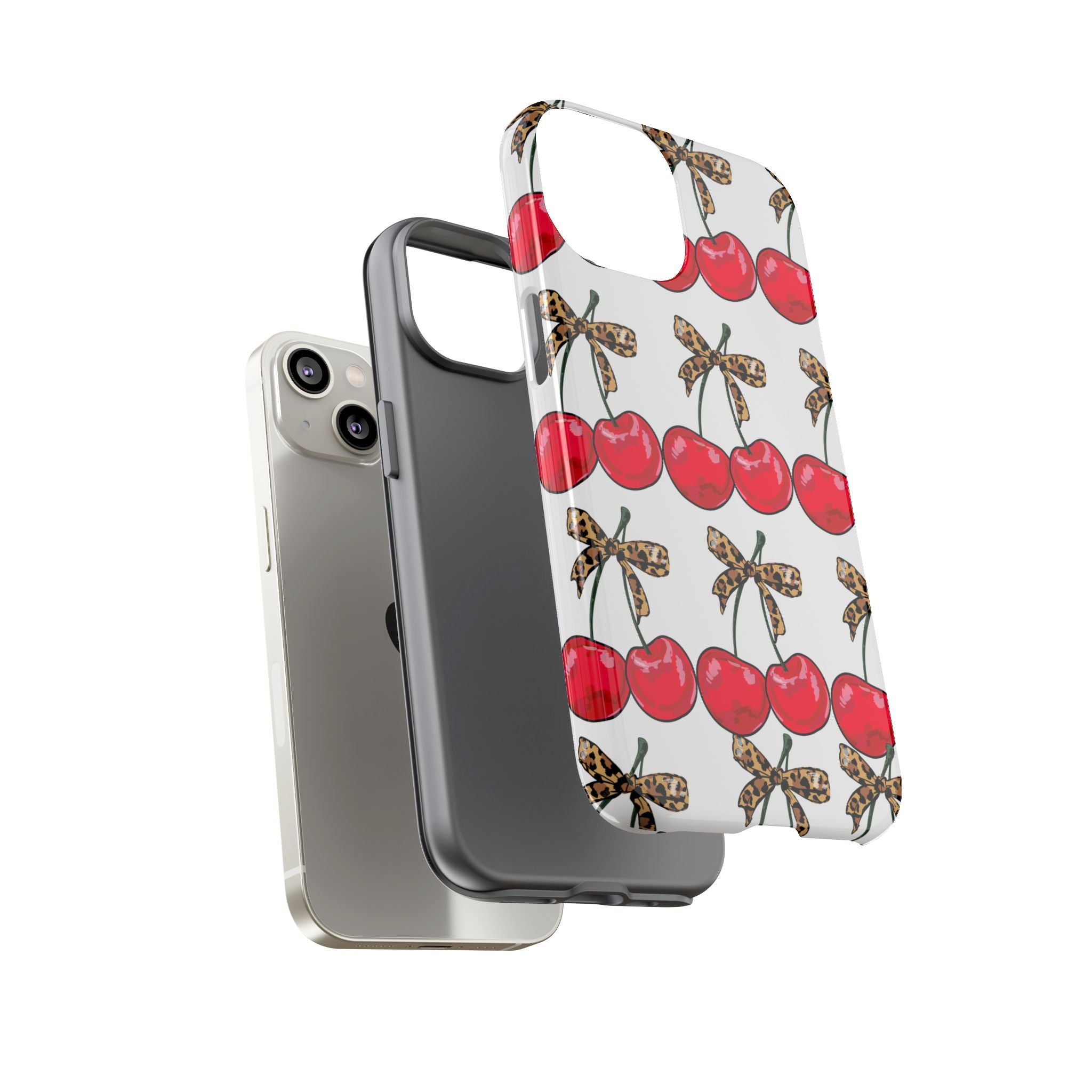 Cherry Pattern Phone Case — Retro Red Cherries with Leopard Bow iPhone Case