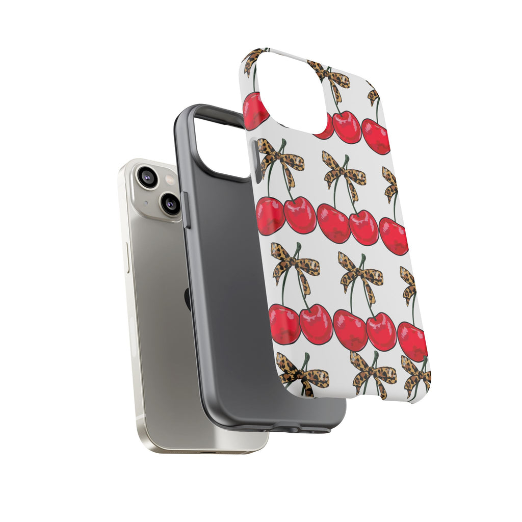 Cherry Pattern Phone Case — Retro Red Cherries with Leopard Bow iPhone Case