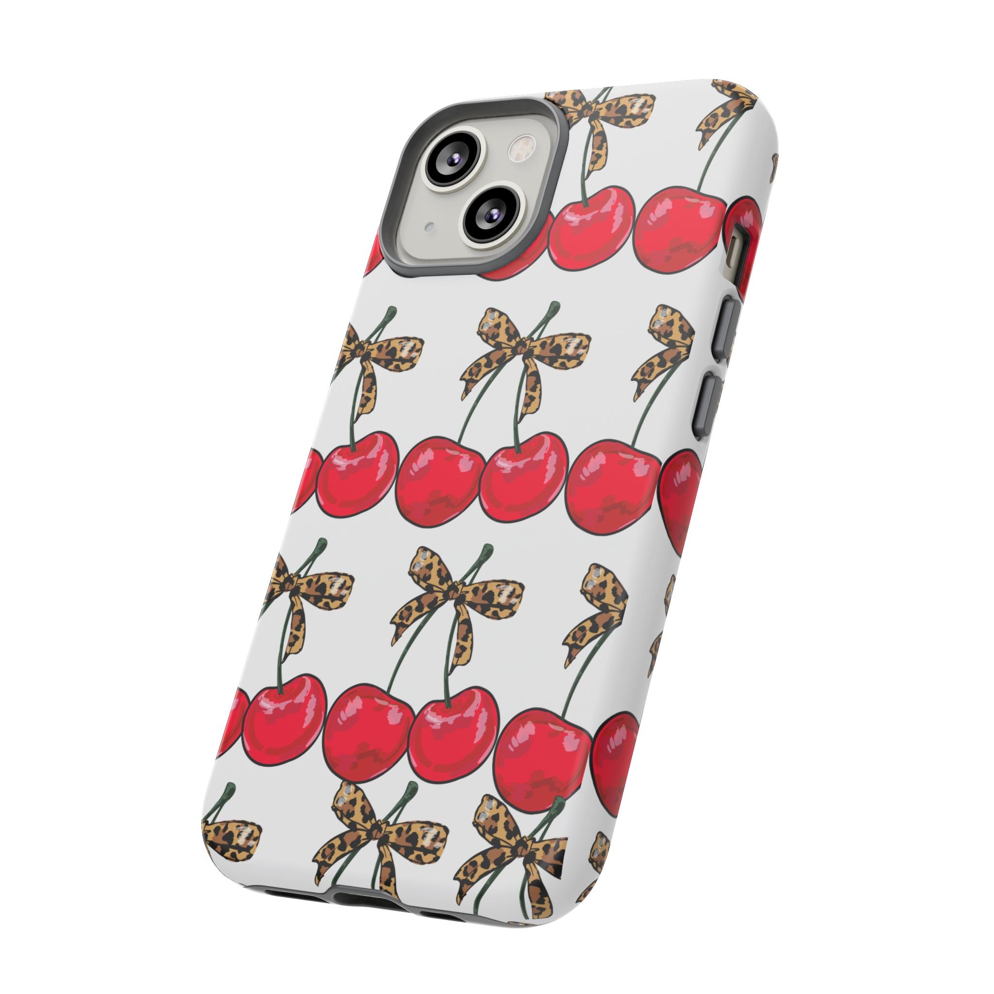 Cherry Pattern Phone Case — Retro Red Cherries with Leopard Bow iPhone Case