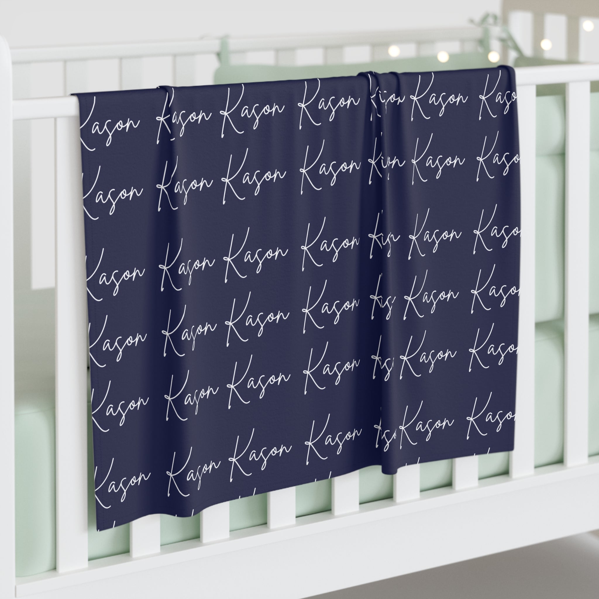 Personalized Navy Baby Swaddle Blanket — Custom Name Script Pattern