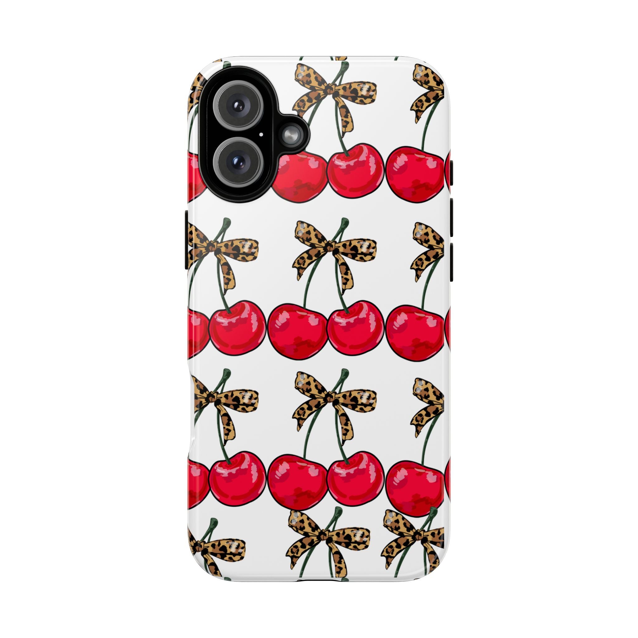 Cherry Pattern Phone Case — Retro Red Cherries with Leopard Bow iPhone Case