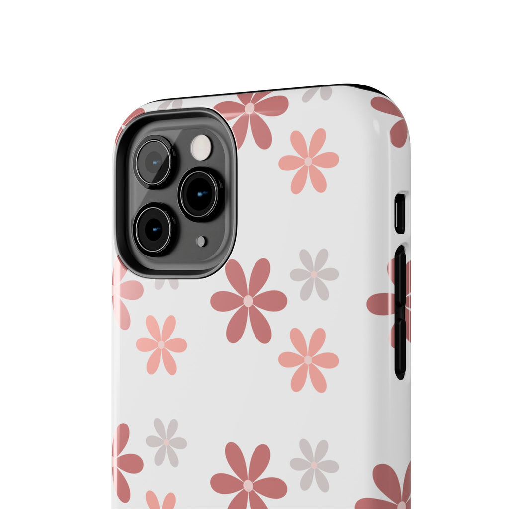 Floral Daisy Tough Phone Case — Pink Retro Flower Pattern, Protective Shockproof Phone Cover