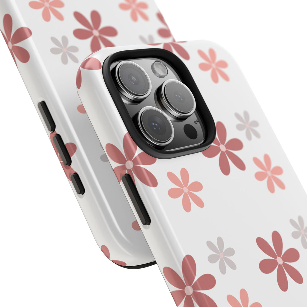 Floral Daisy Tough Phone Case — Pink Retro Flower Pattern, Protective Shockproof Phone Cover