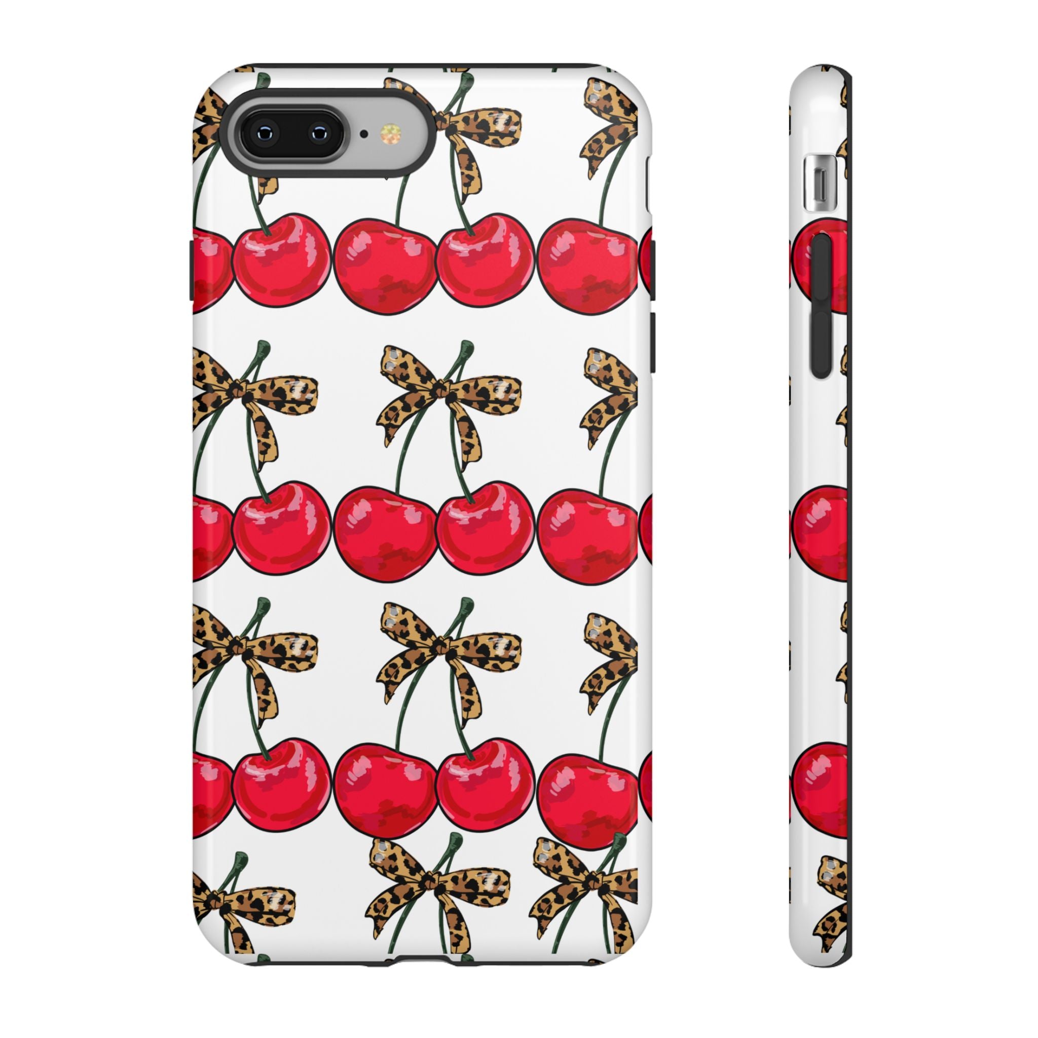 Cherry Pattern Phone Case — Retro Red Cherries with Leopard Bow iPhone Case