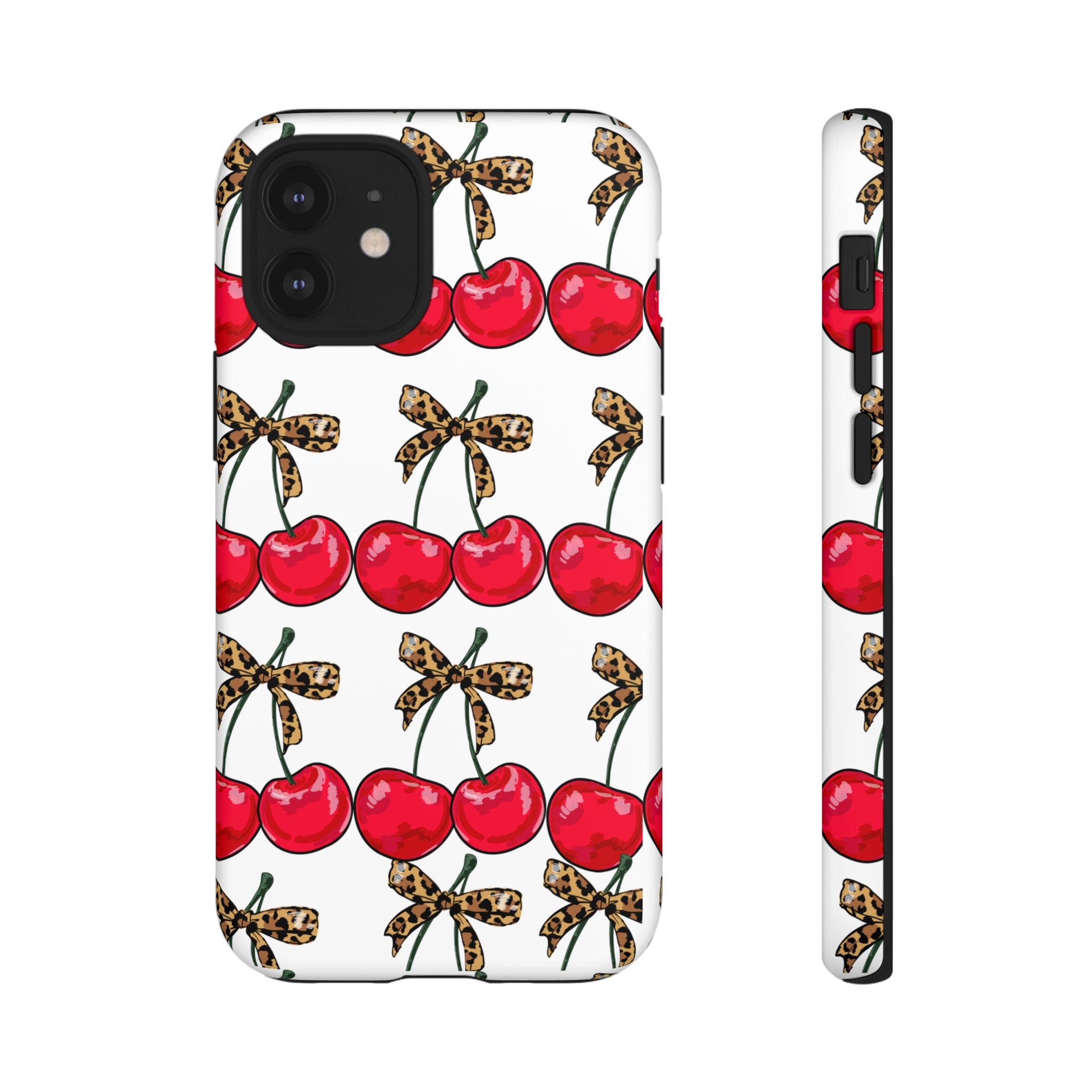 Cherry Pattern Phone Case — Retro Red Cherries with Leopard Bow iPhone Case