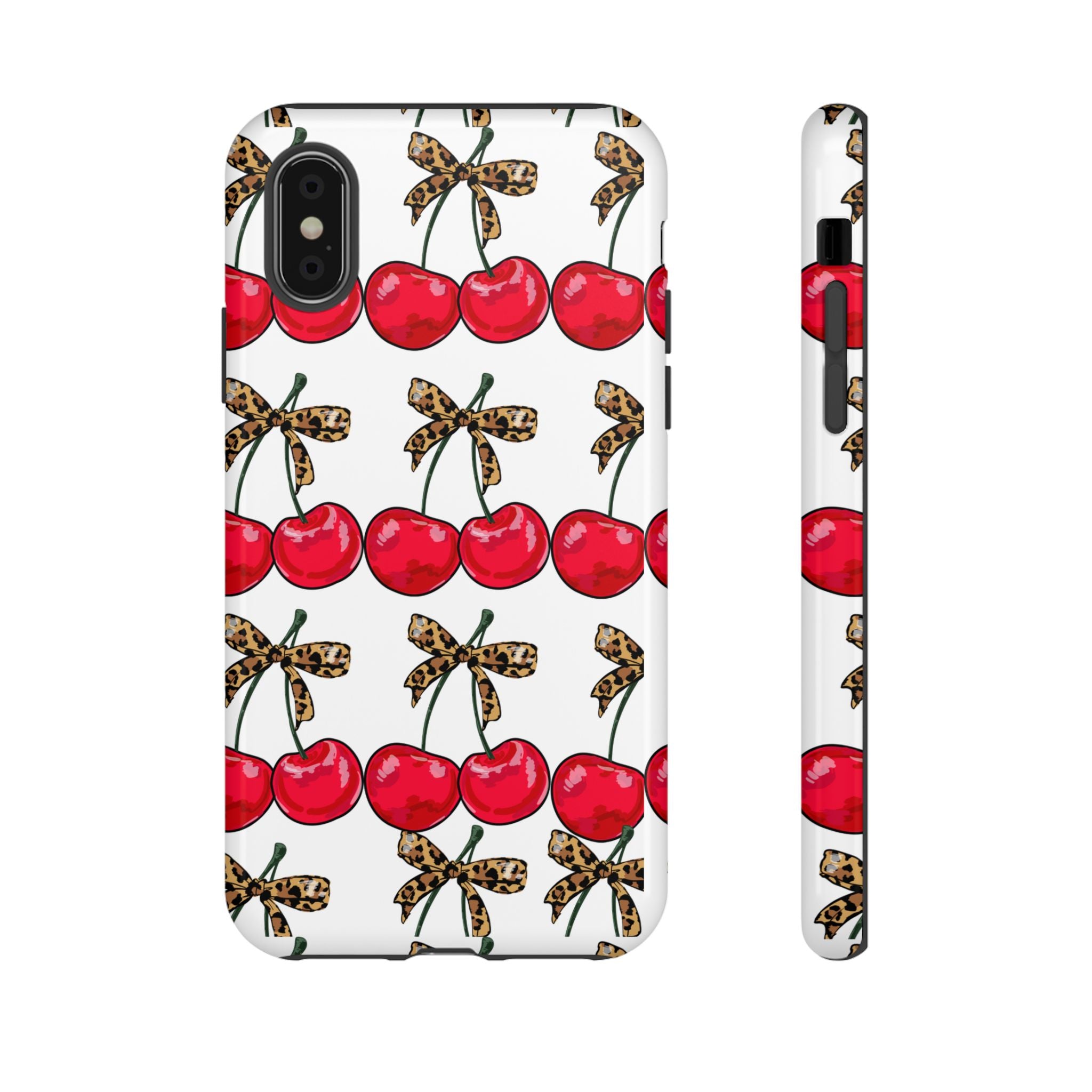 Cherry Pattern Phone Case — Retro Red Cherries with Leopard Bow iPhone Case