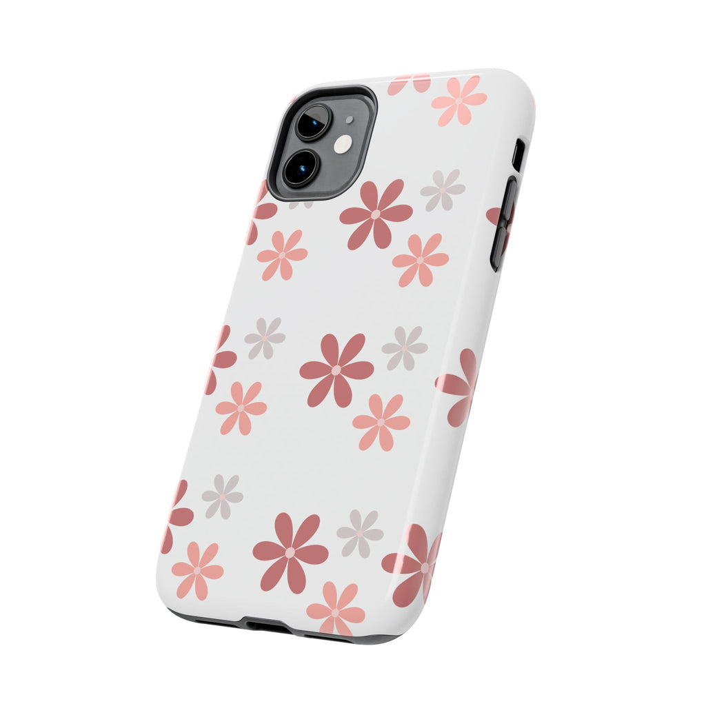 Floral Daisy Tough Phone Case — Pink Retro Flower Pattern, Protective Shockproof Phone Cover