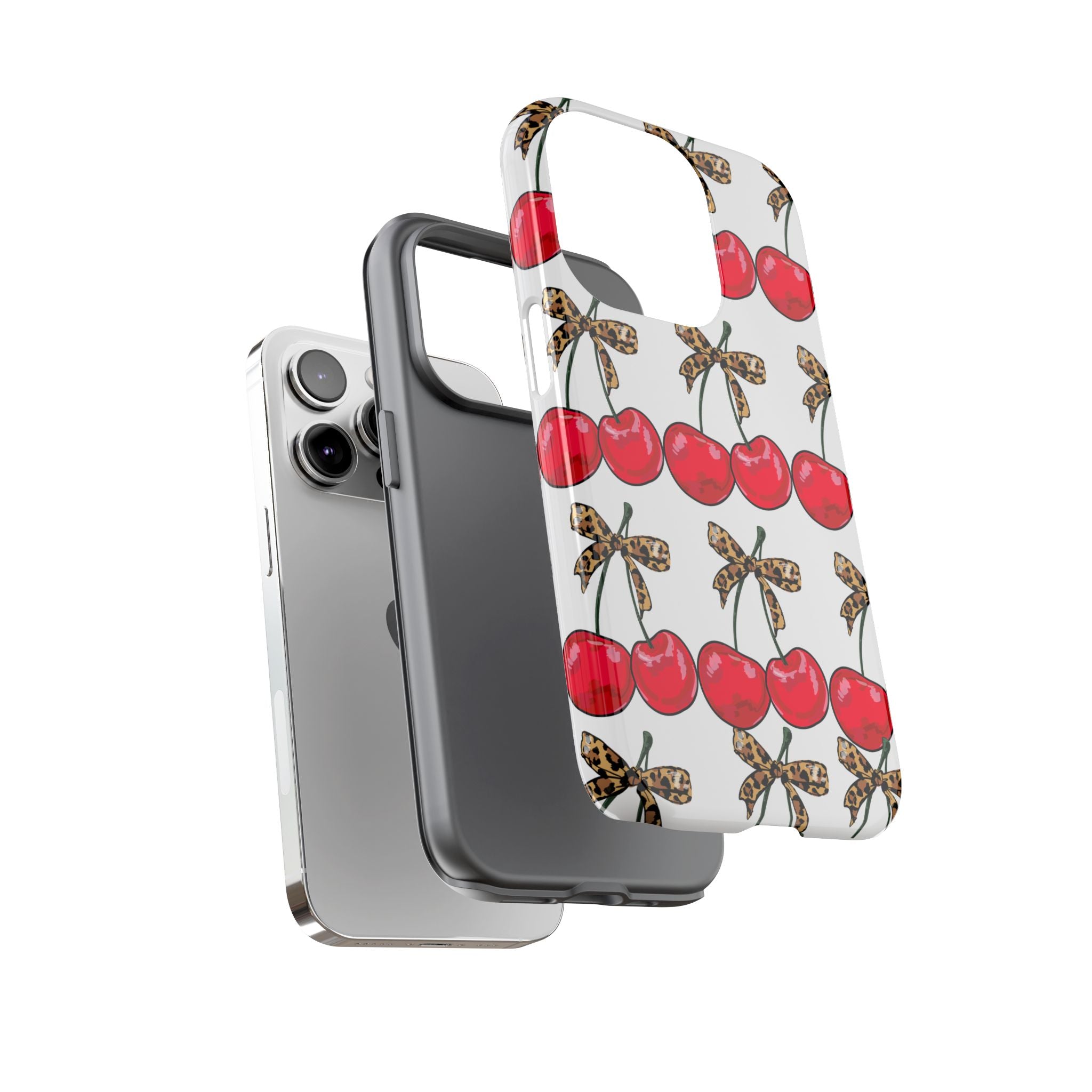 Cherry Pattern Phone Case — Retro Red Cherries with Leopard Bow iPhone Case