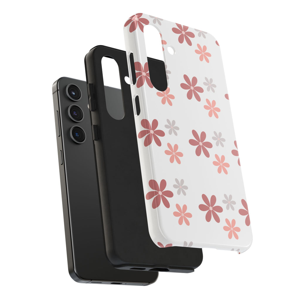 Floral Daisy Tough Phone Case — Pink Retro Flower Pattern, Protective Shockproof Phone Cover