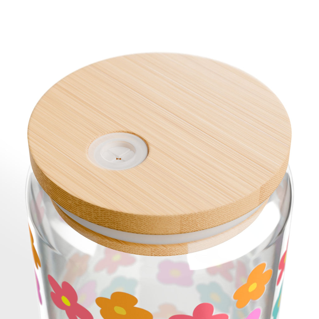 16oz Floral Sipper Glass — Cheerful Bamboo Lid & Retro Bloom Design