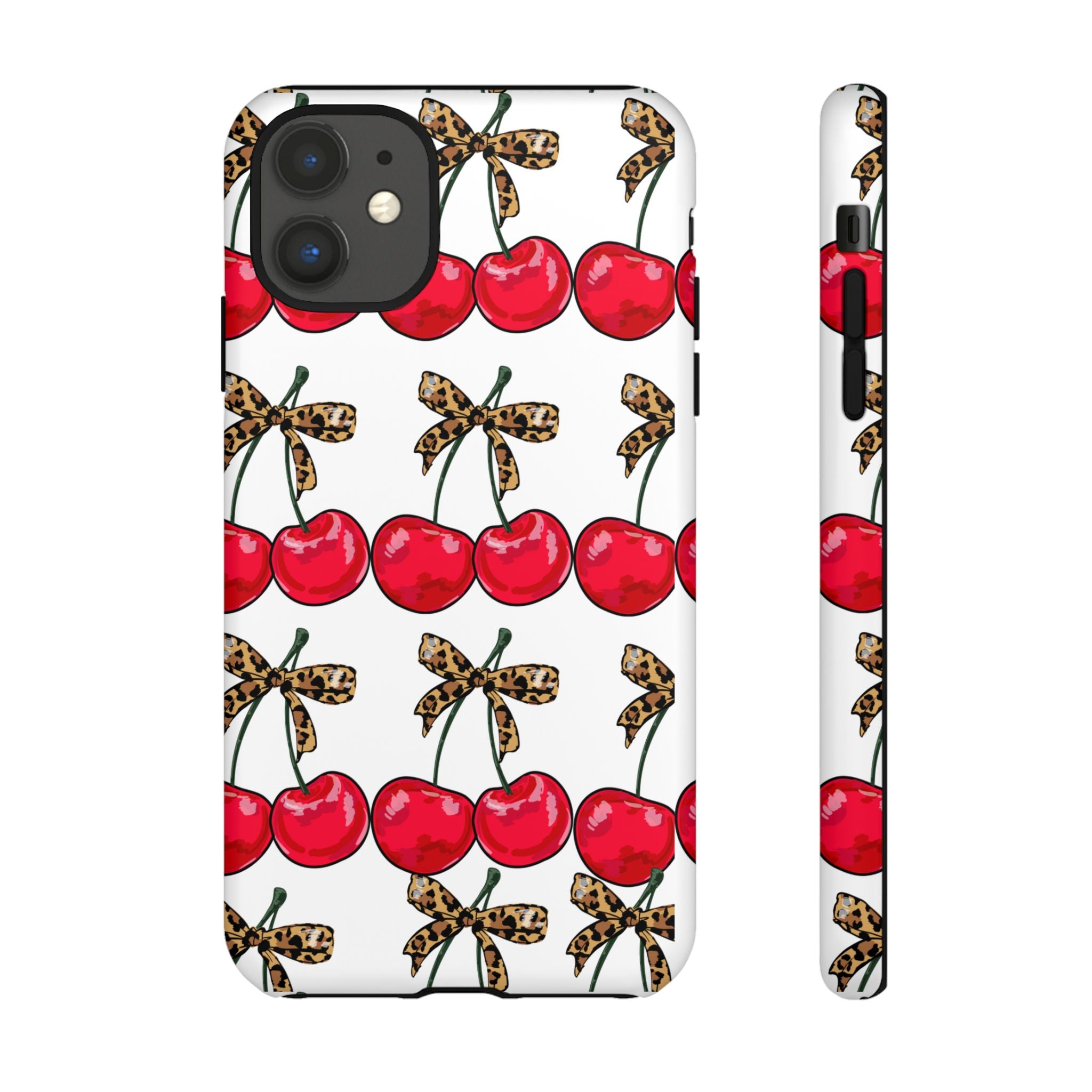 Cherry Pattern Phone Case — Retro Red Cherries with Leopard Bow iPhone Case