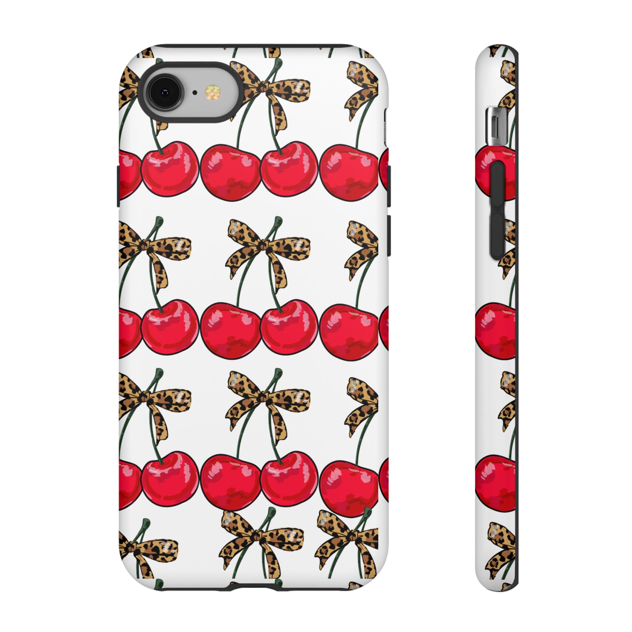 Cherry Pattern Phone Case — Retro Red Cherries with Leopard Bow iPhone Case