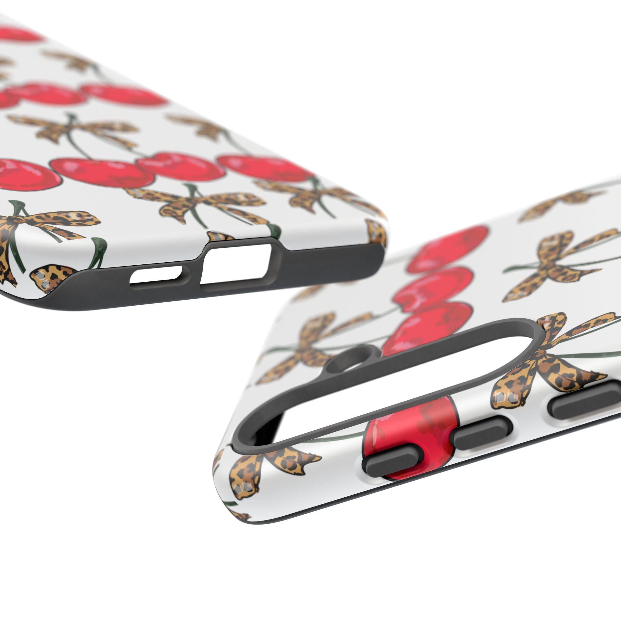 Cherry Pattern Phone Case — Retro Red Cherries with Leopard Bow iPhone Case