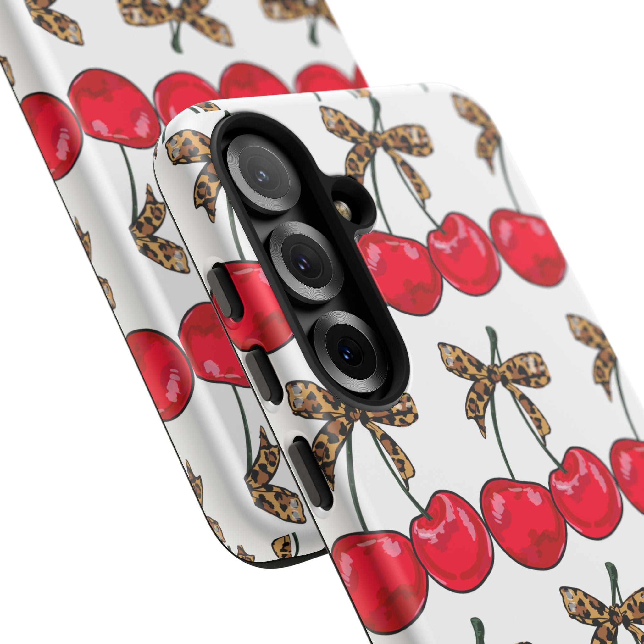Cherry Pattern Phone Case — Retro Red Cherries with Leopard Bow iPhone Case