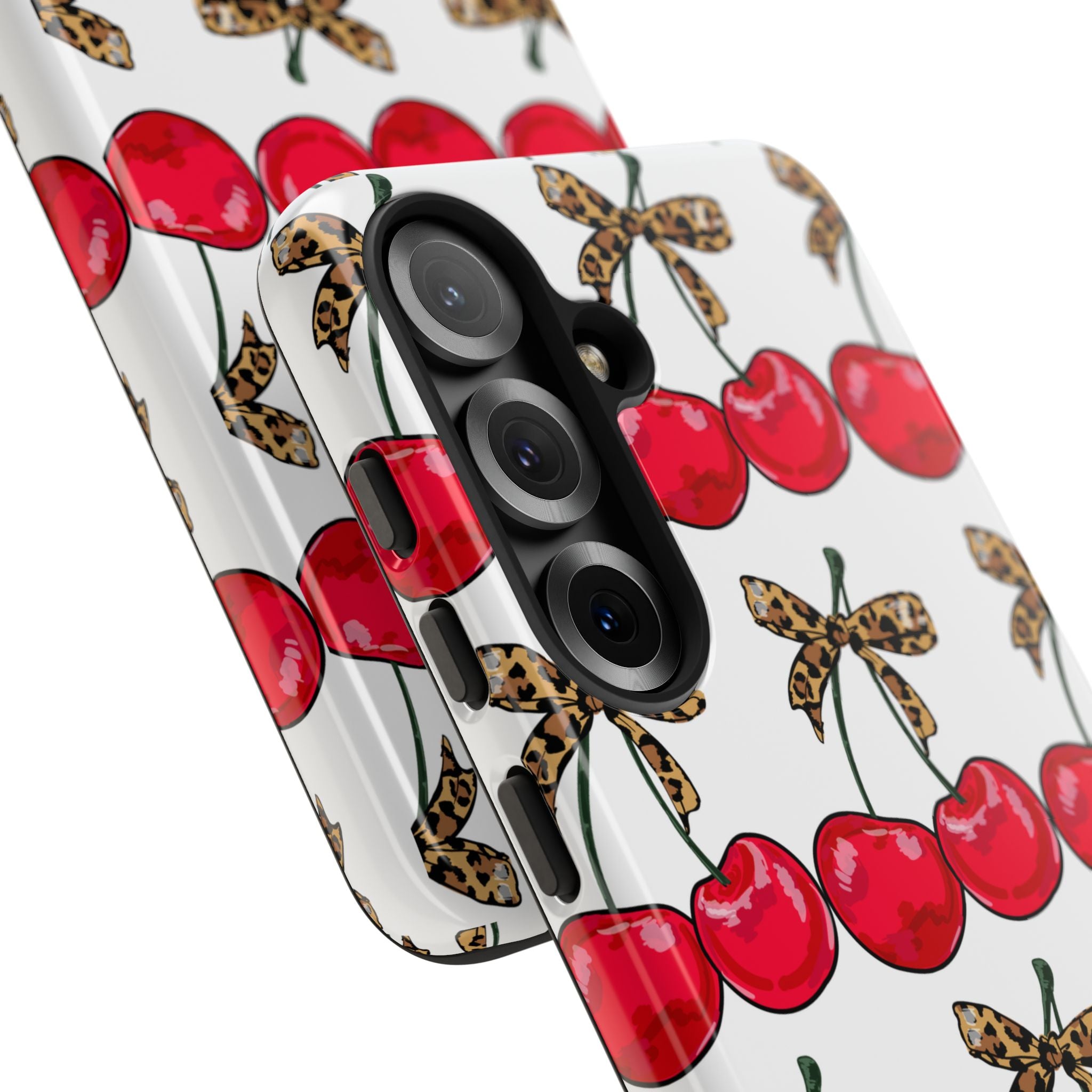 Cherry Pattern Phone Case — Retro Red Cherries with Leopard Bow iPhone Case