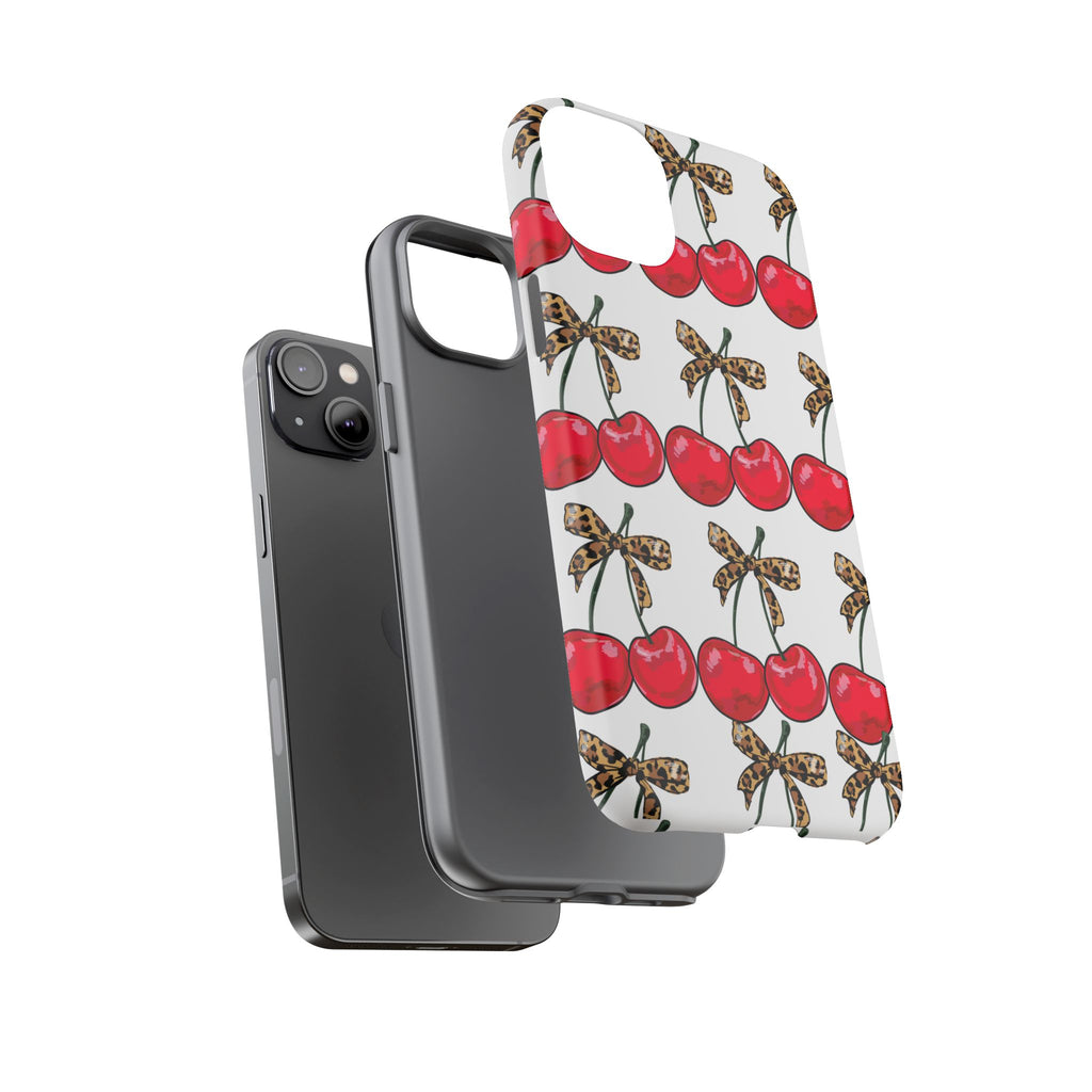 Cherry Pattern Phone Case — Retro Red Cherries with Leopard Bow iPhone Case