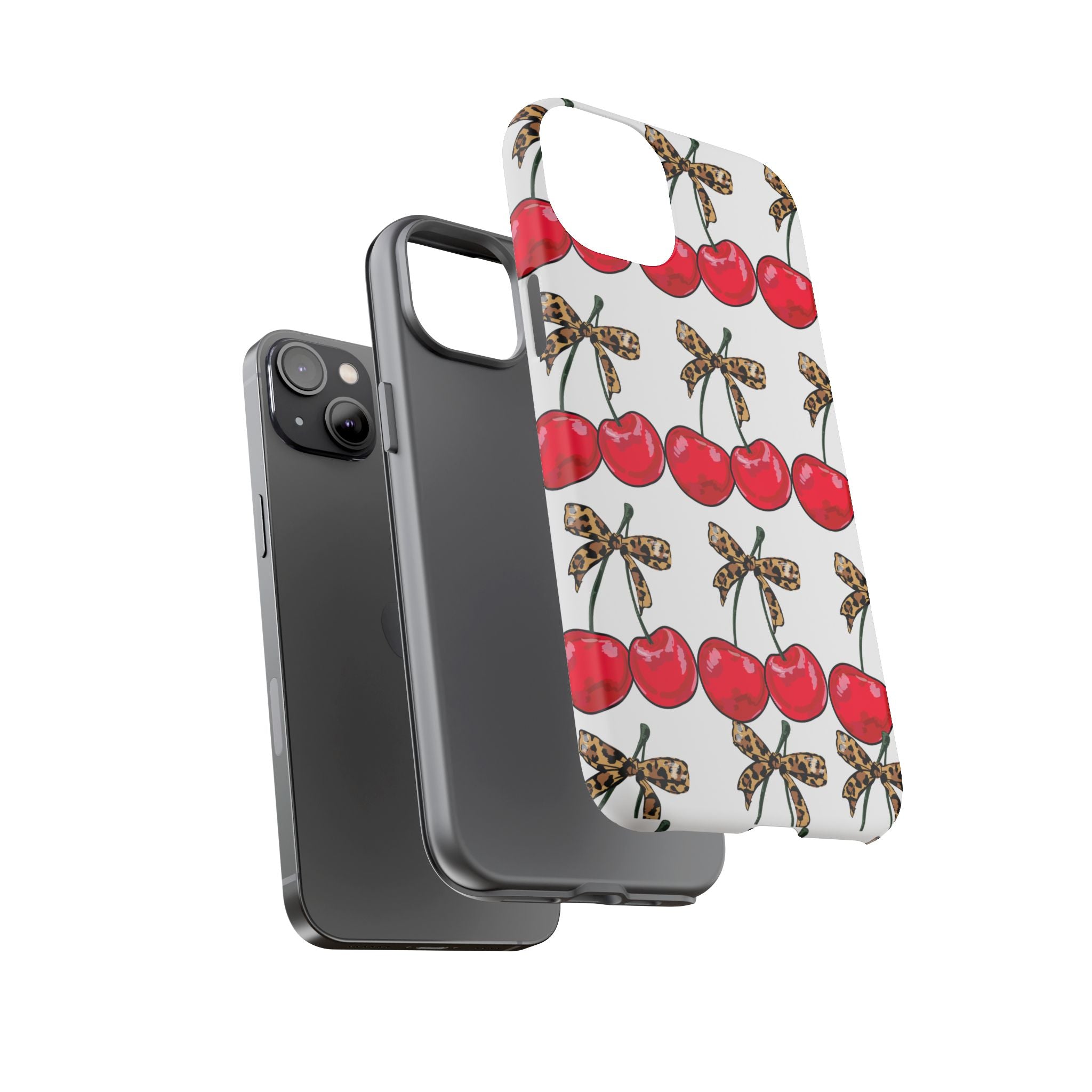 Cherry Pattern Phone Case — Retro Red Cherries with Leopard Bow iPhone Case
