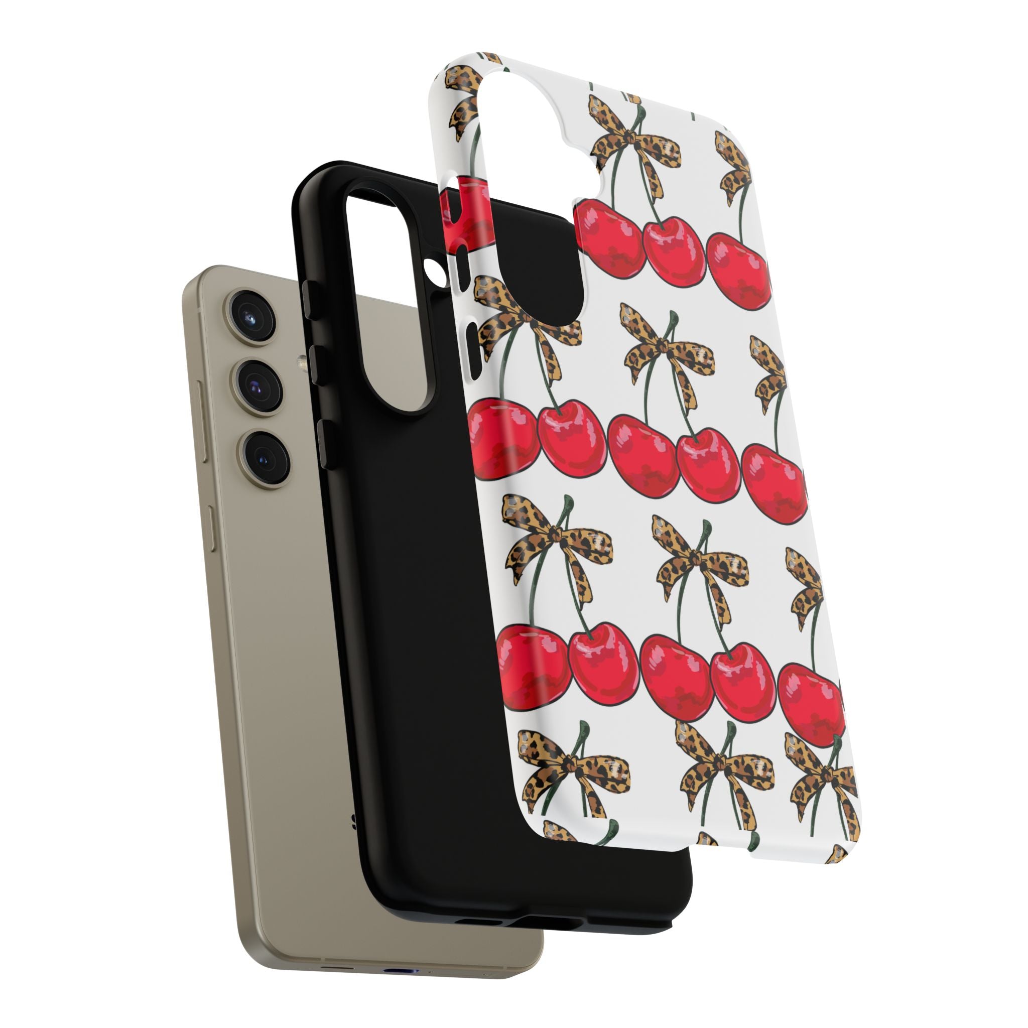 Cherry Pattern Phone Case — Retro Red Cherries with Leopard Bow iPhone Case